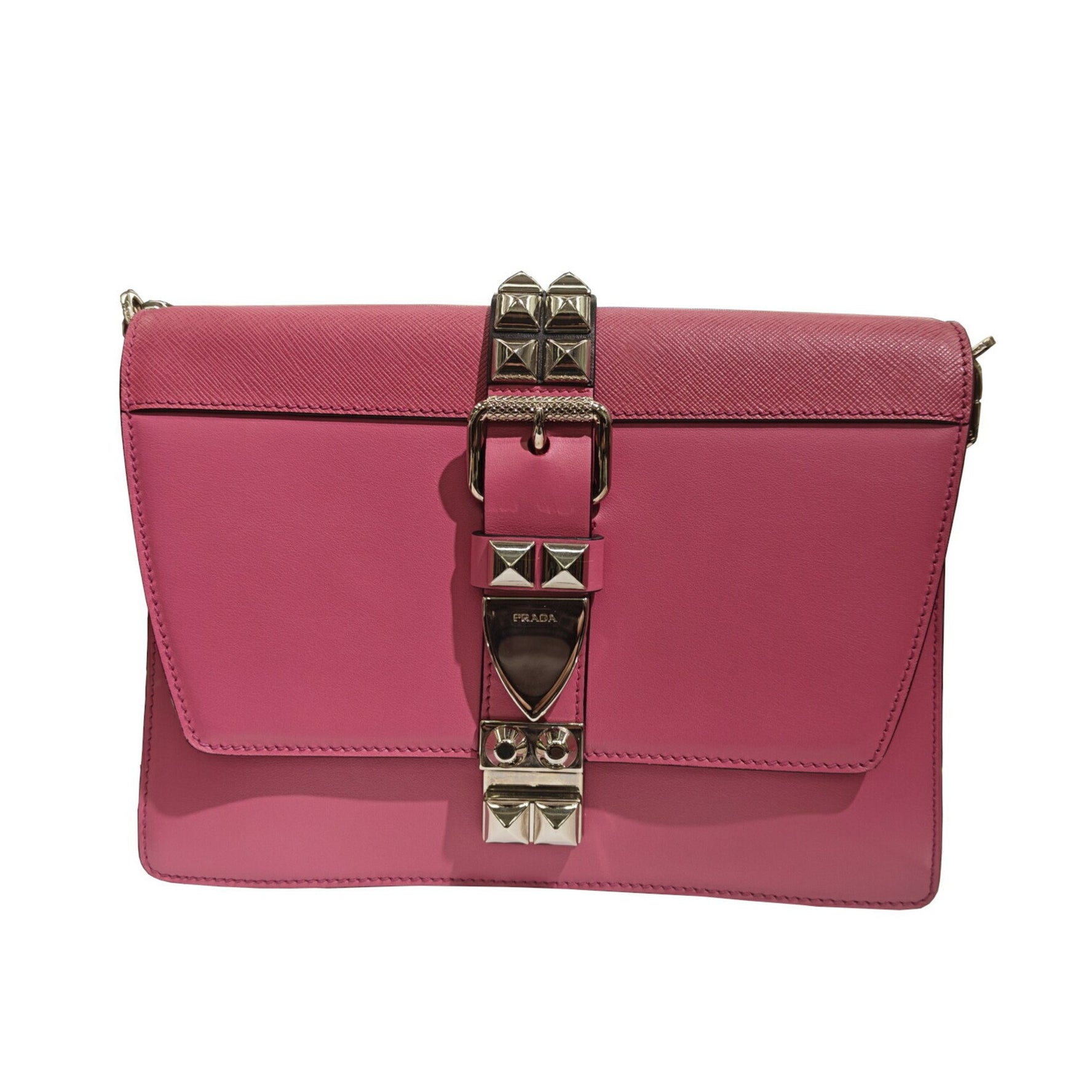 PRADA ELEKTRA 1BD120 Electra Bag Studded Shoulder Crossbody Calf Leather Saffiano Pink Black Women's