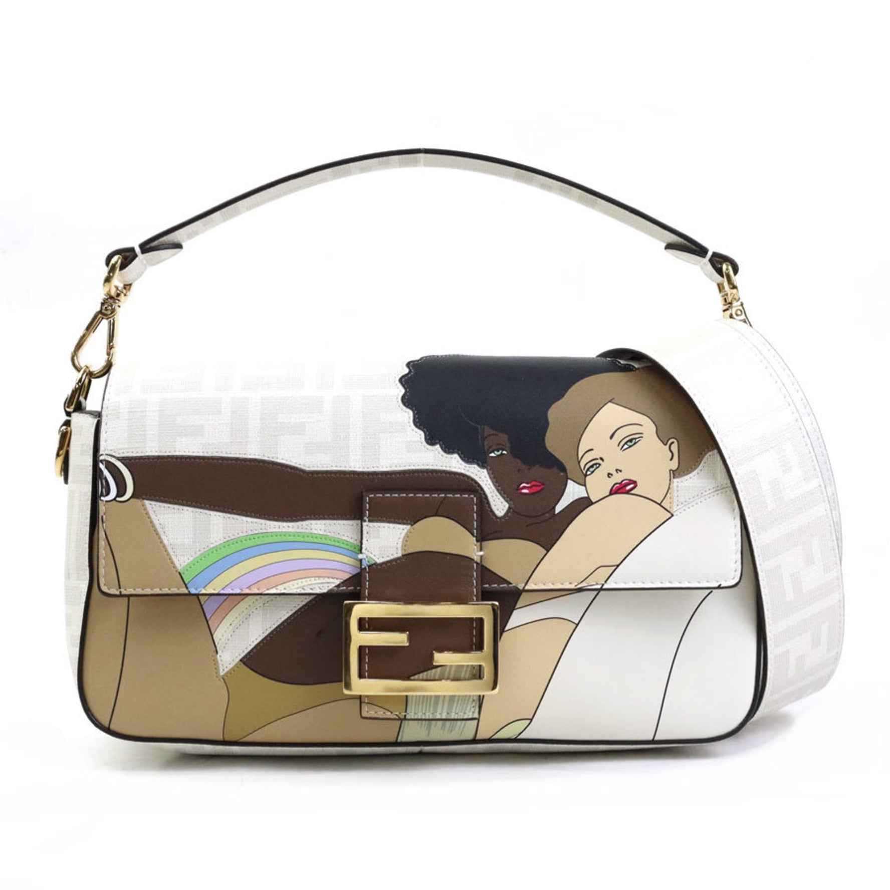 FENDI handbag shoulder bag baguette leather ivory multicolor gold ladies