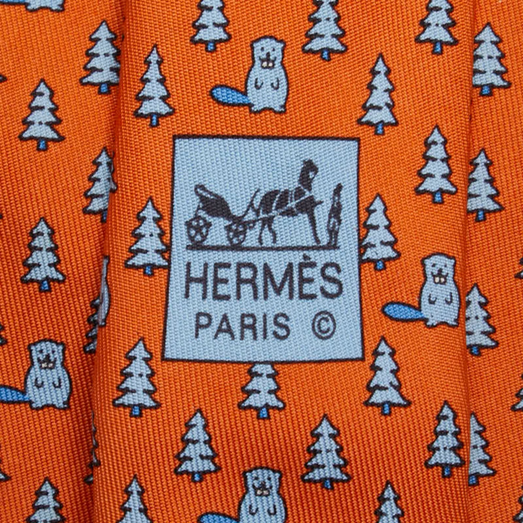 Hermes Tree Plant Beaver Tie Orange Blue Silk