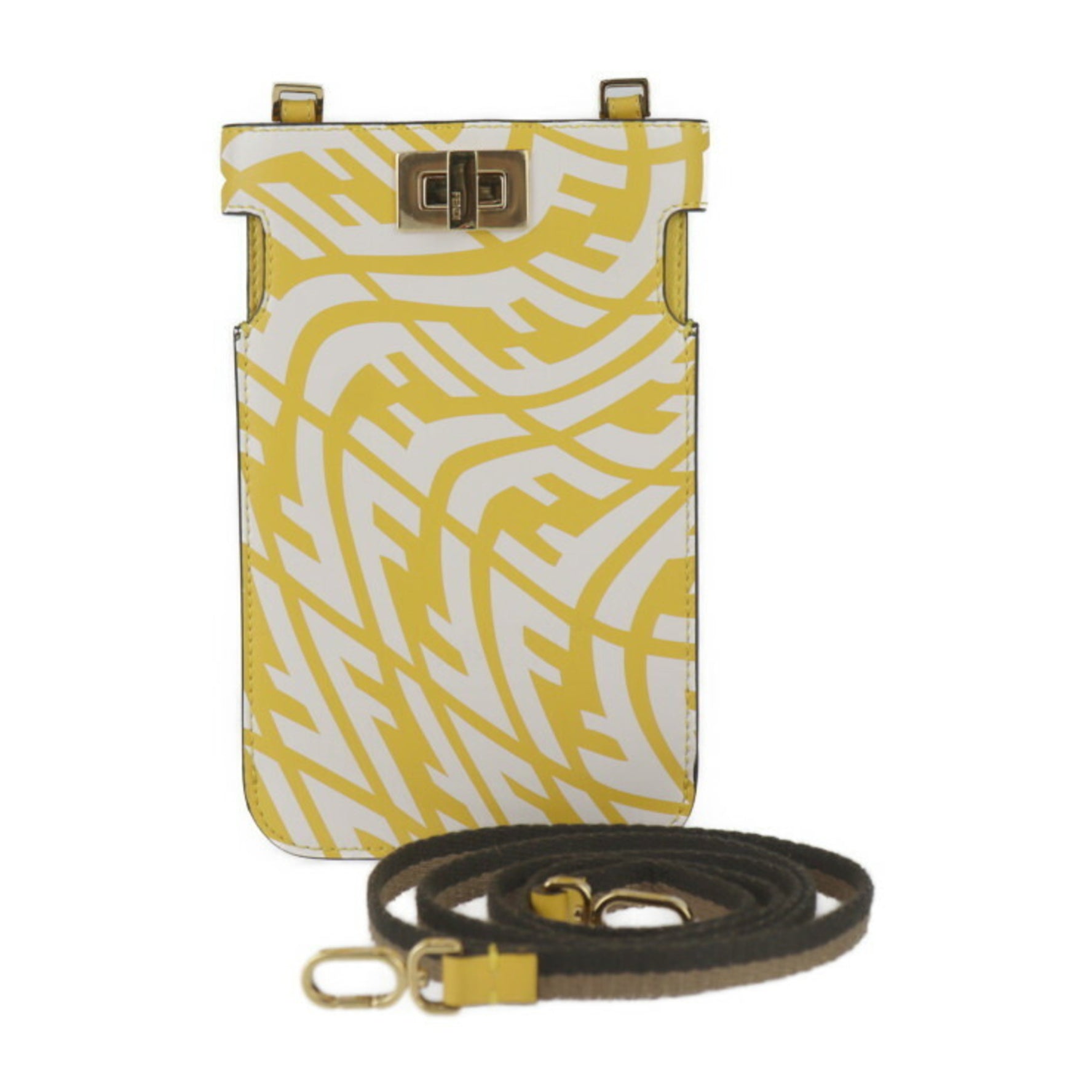 FENDI Peekaboo Shoulder Bag Calf Leather Zucca Pattern Smartphone Pouch Case Strap Turn Lock