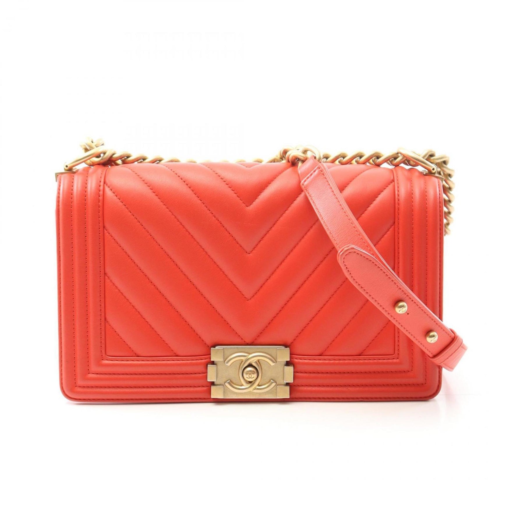 CHANEL Boy Chevron V-Stitch Shoulder Bag in Lambskin Leather, Red