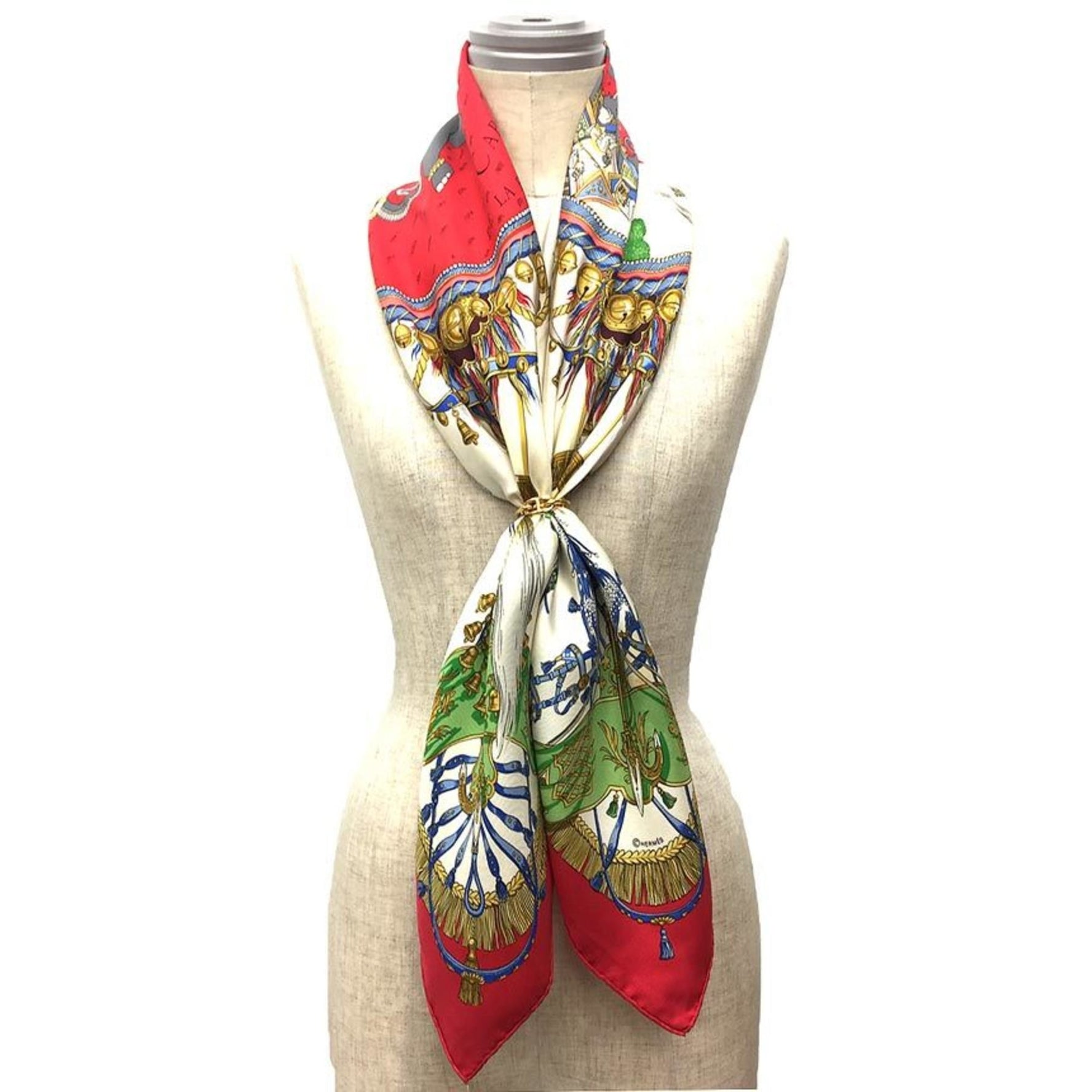 HERMES Carre 90 Scarf Muffler CAPARACONS DE LA FRANCE ET L'INDE Horse Ornament Elephant Ivory x Red 100% Silk