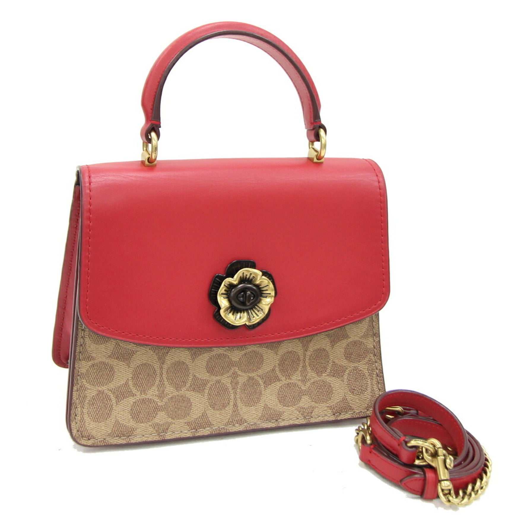 Coach Handbag Beige Red PVC Leather Flower Motif Chain Shoulder Bag