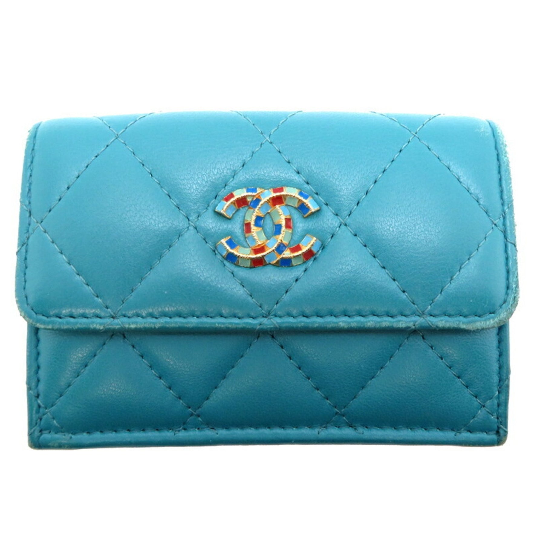 Chanel Coco Mark Tri-fold Wallet Leather, Turquoise (Blue)