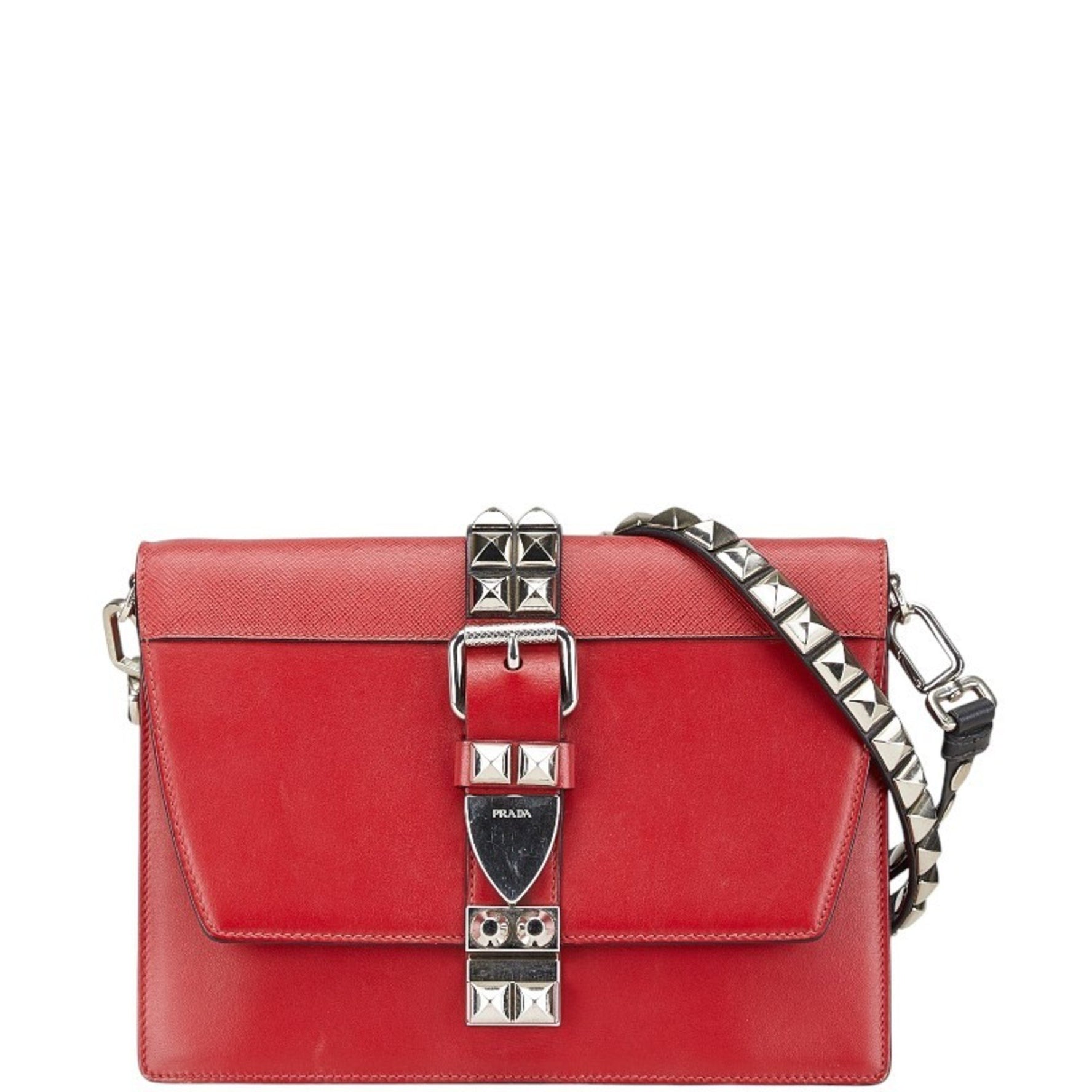 Prada Electra Studded Shoulder Bag Red Leather Saffiano