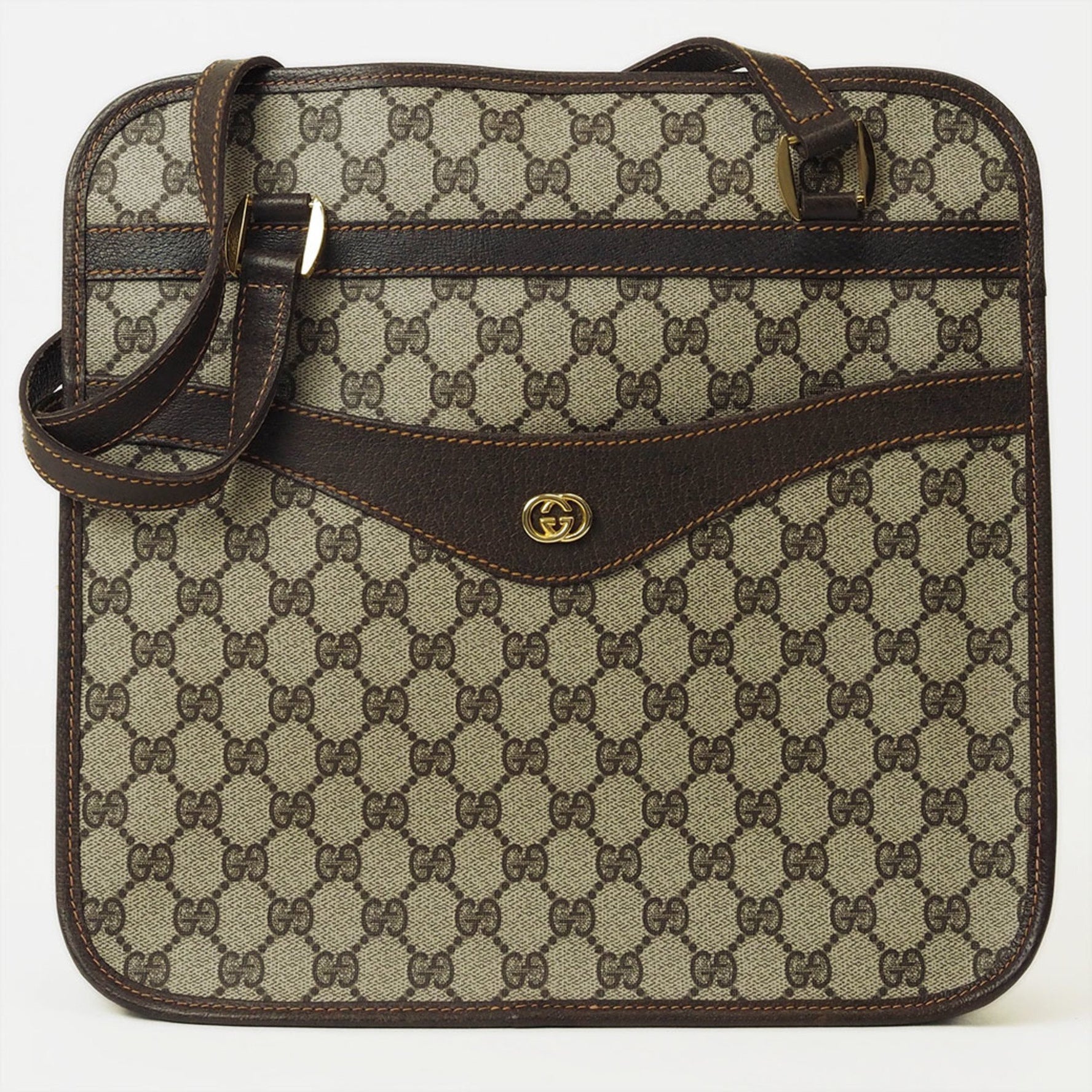 Gucci Old GG Plus Handbag Tote Bag Beige Brown PVC Leather Crest Engraved