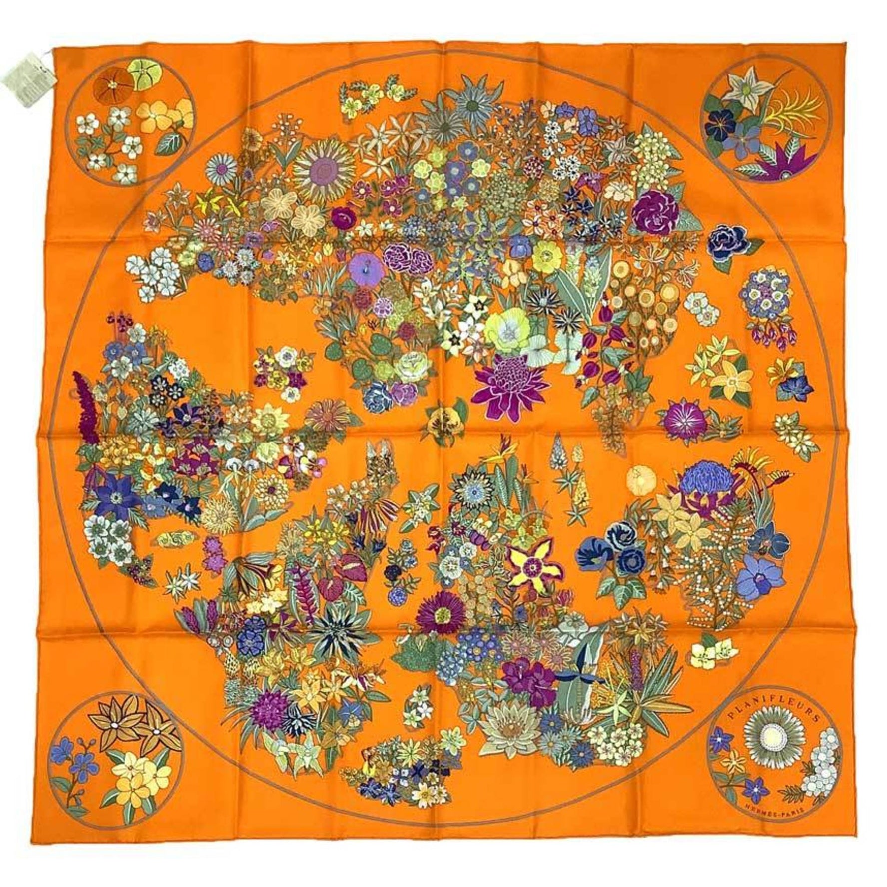 HERMES Scarf/Muffler Carré 90 PLANIFLEURS 08 2023 HG/ORANGE/VERT/FUCHSI 100% Silk