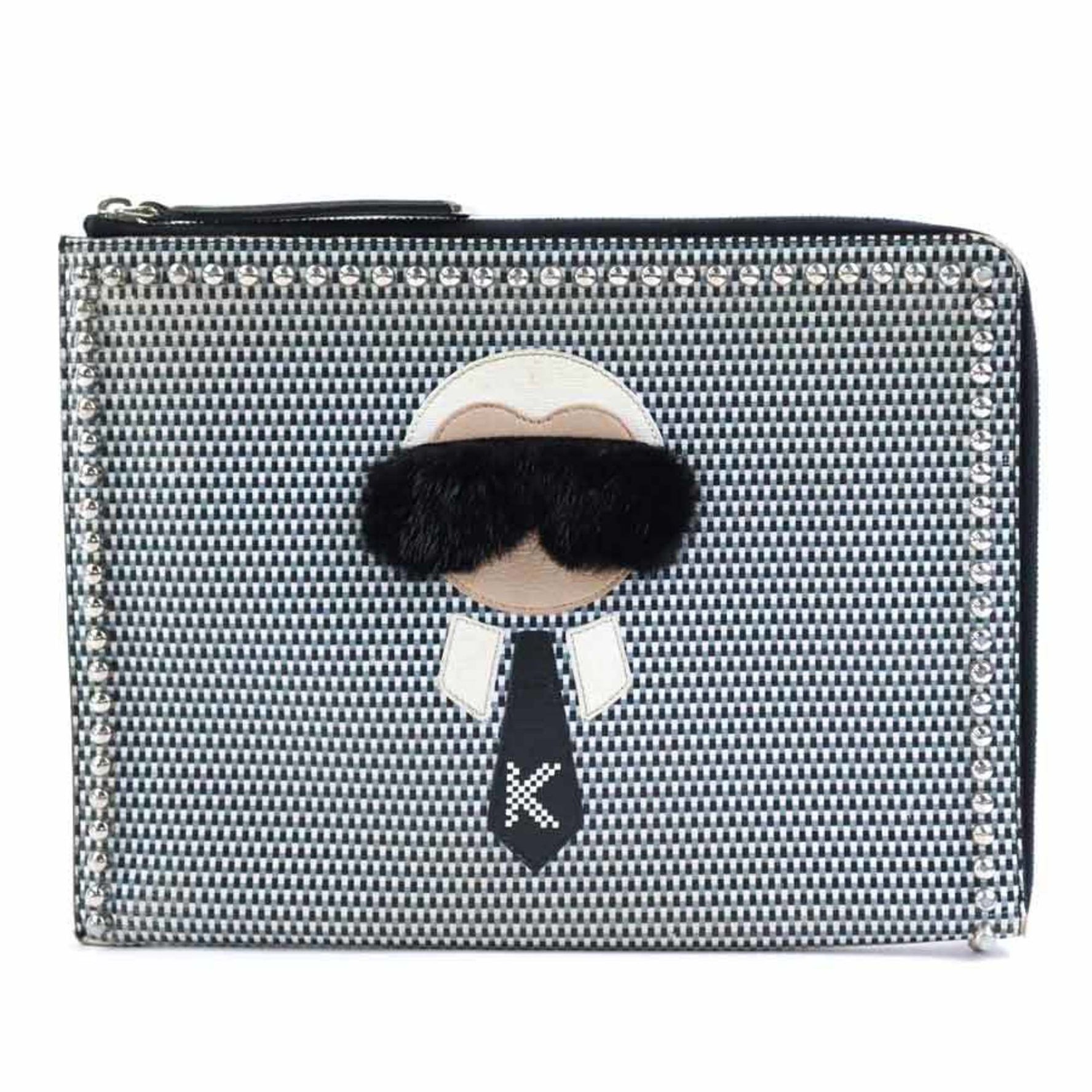 FENDI Clutch Bag Leather/Metal/Fur Black x White Gray Unisex