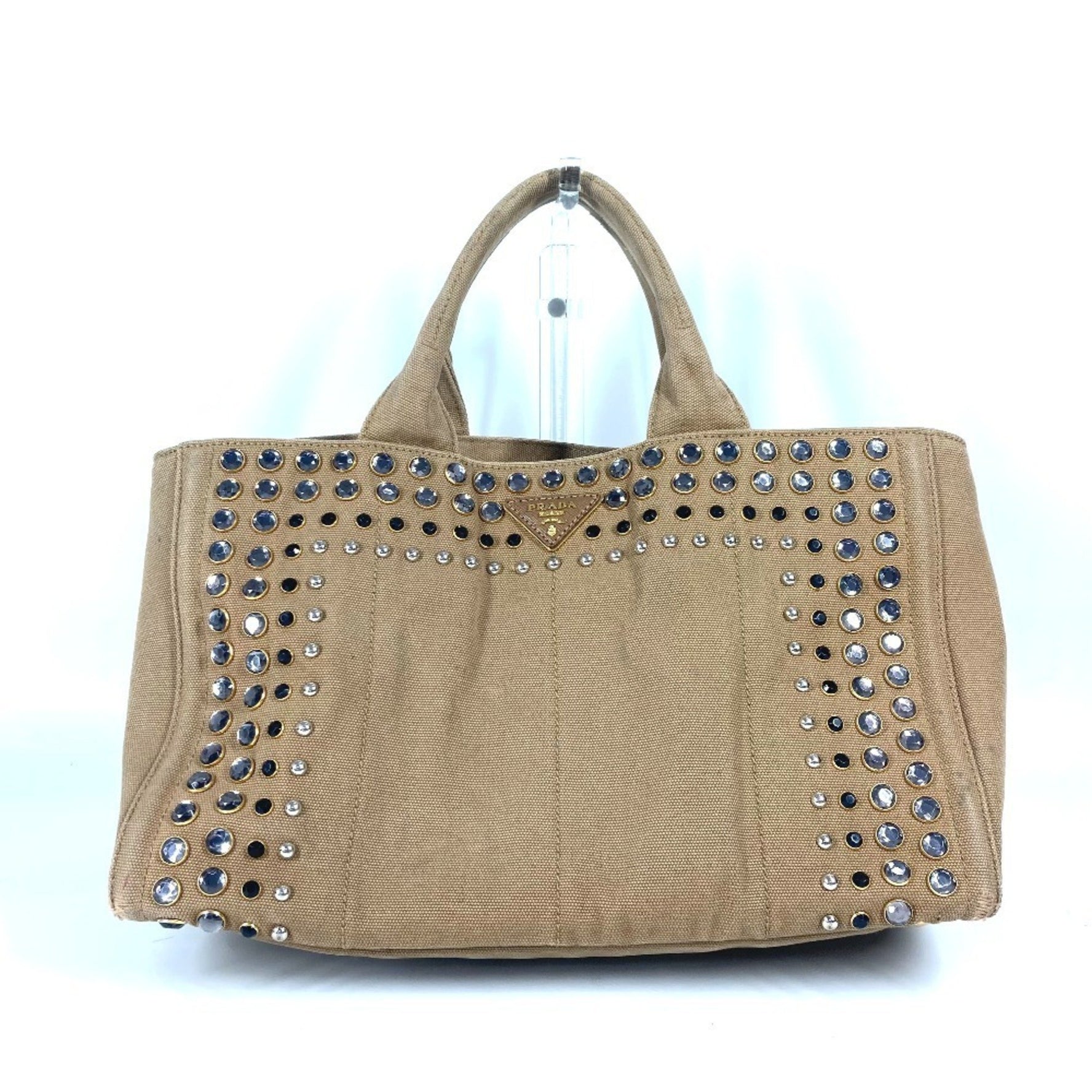 PRADA Canapa Logo Studs Tote Bag Shoulder Handbag Canvas