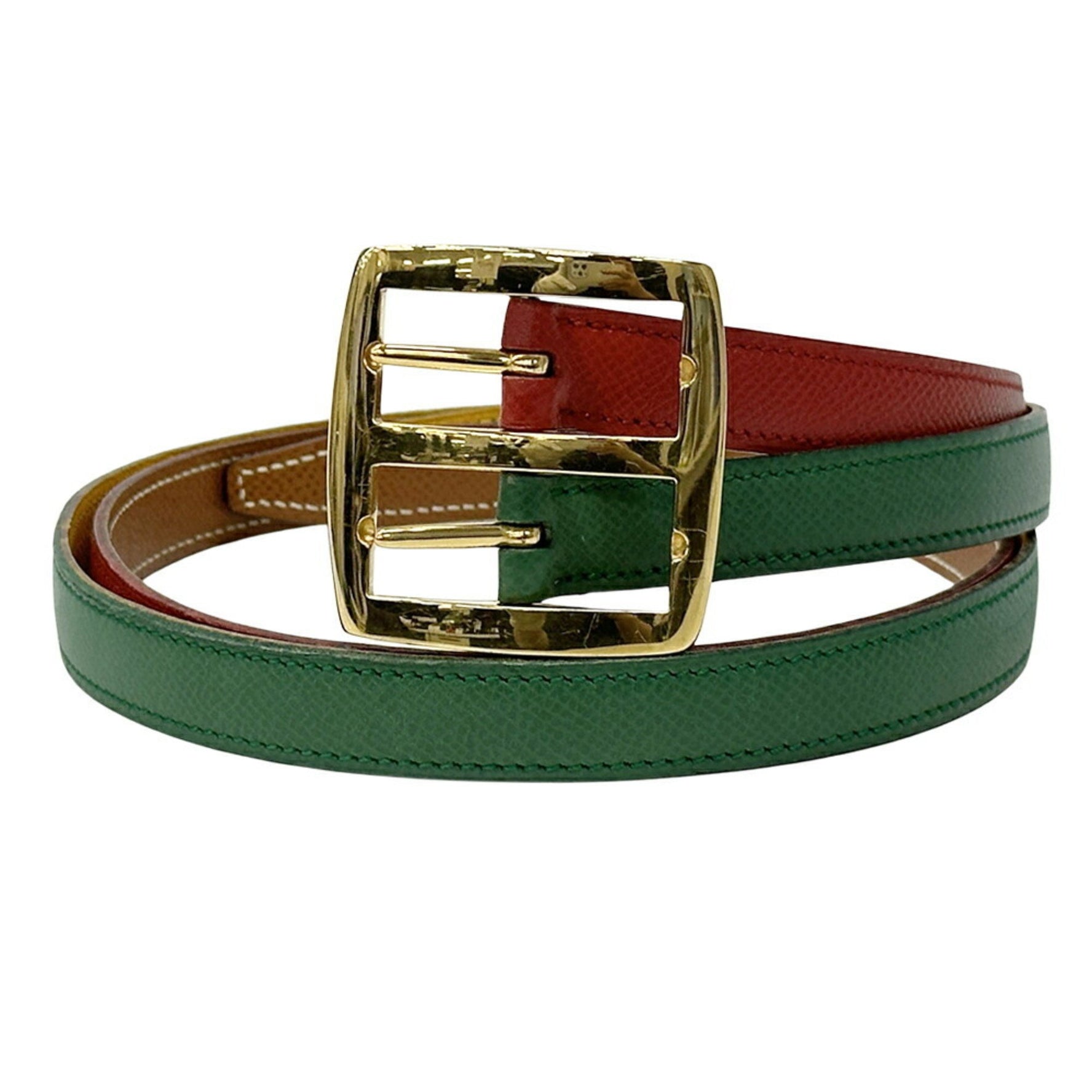 Hermes Hermès Couchvel Belt, Multicolor, Brown, Green, Yellow, and Red, Reversible, Engraved with a Circle