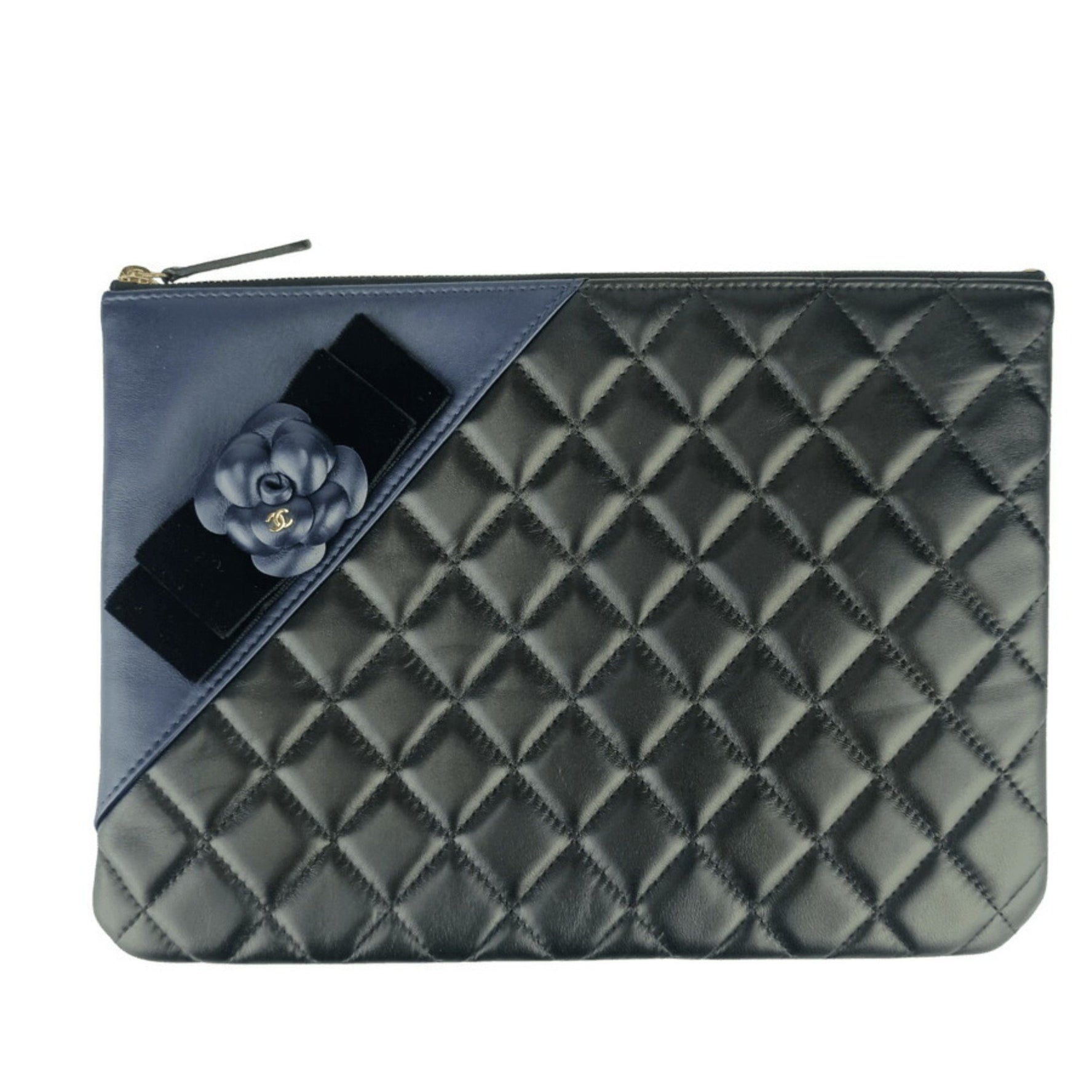 CHANEL Camellia Pouch Black/Navy Lambskin Velour with Coco Mark and Quilted Matelasse Design