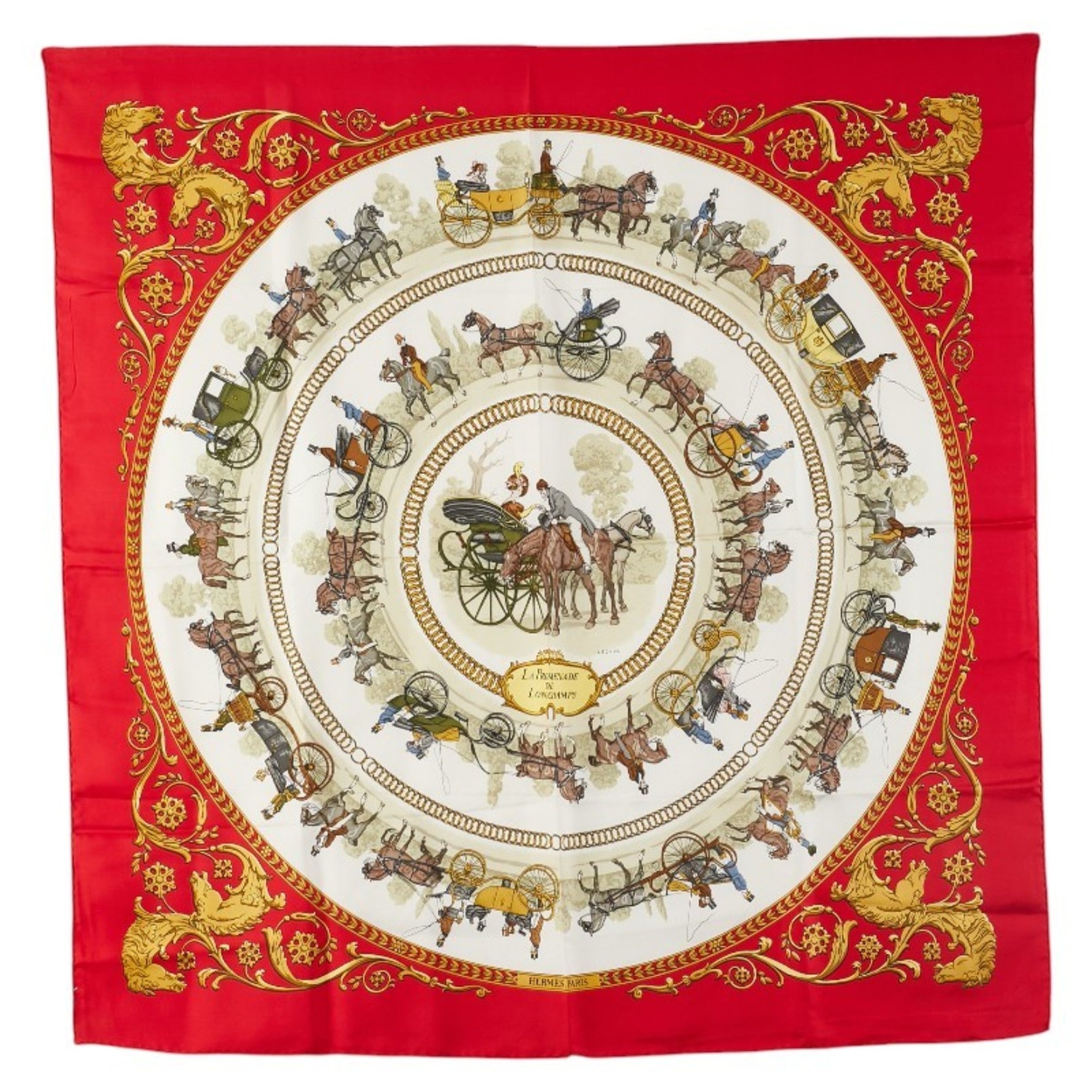 Hermes Hermès Carré 90 "LA PROMENADE DE LONGCHAMPS" Scarf, Red, Gold, Multicolor, Silk
