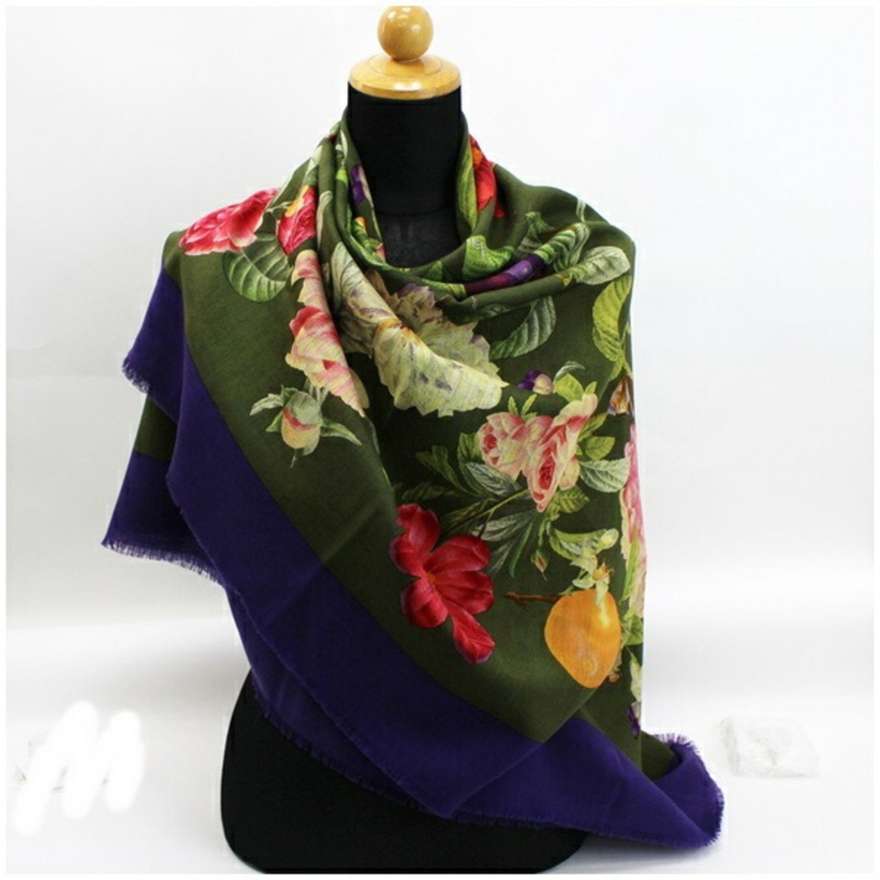 Gucci Old Large Stole Shawl Khaki x Purple Flora Pattern Ladies Fruit