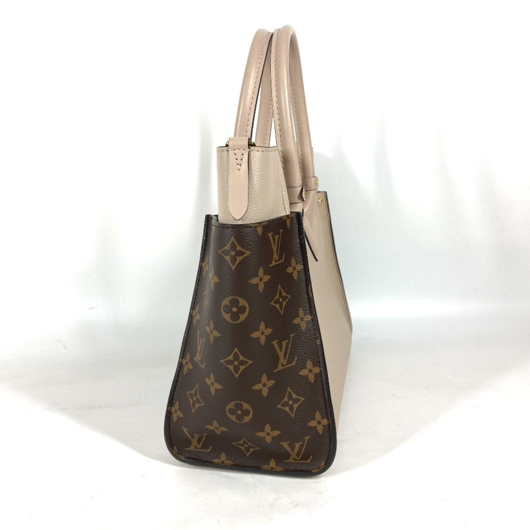 Louis Vuitton Monogram On My Side MM Shoulder Bag Handbag Calf Leather Canvas Greige Beige