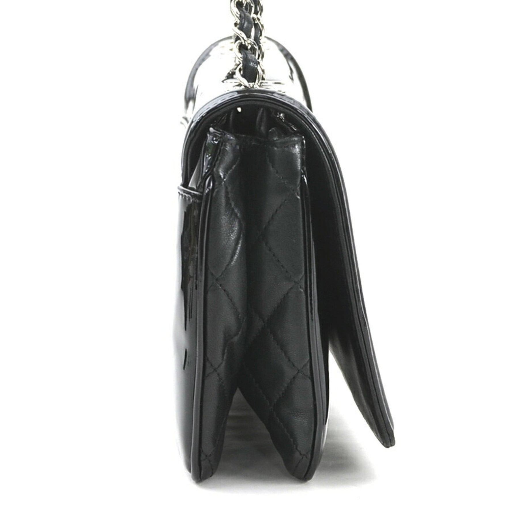 CHANEL Shoulder Bag Patent Leather Silver