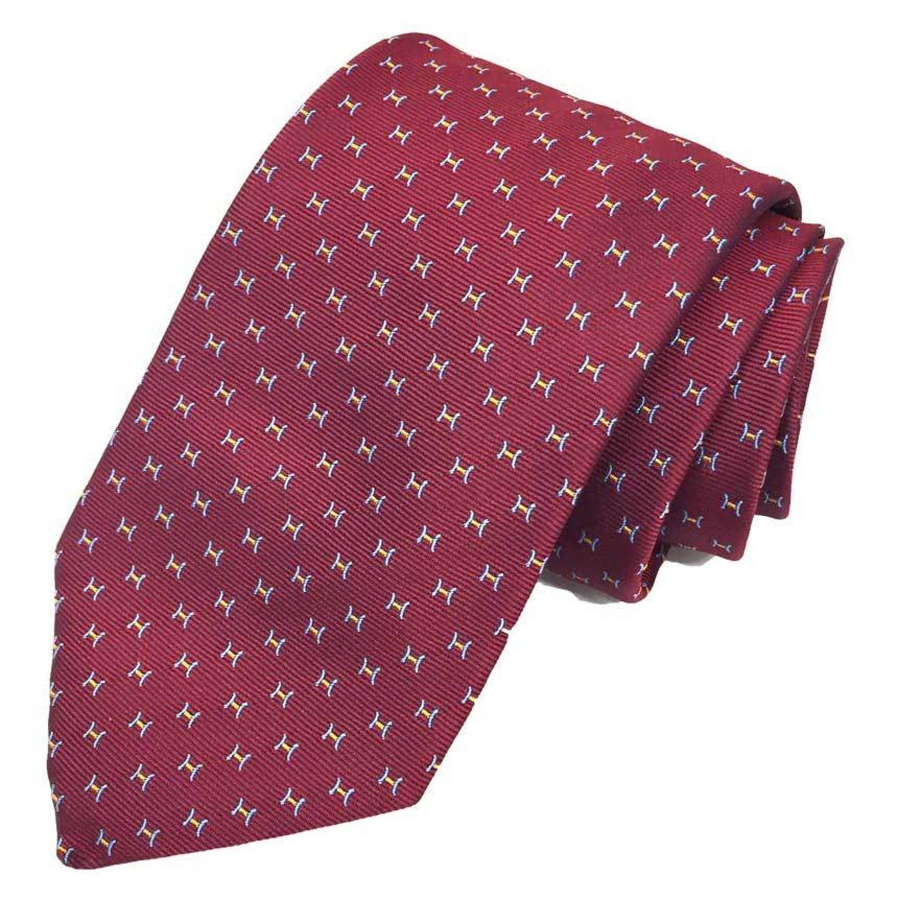 Hermes Tie H Pattern CRAVATE SOIE LOURDE T FINE 04 ROUGE FONCE/CIEL/ORAN Silk Jacquard Weave