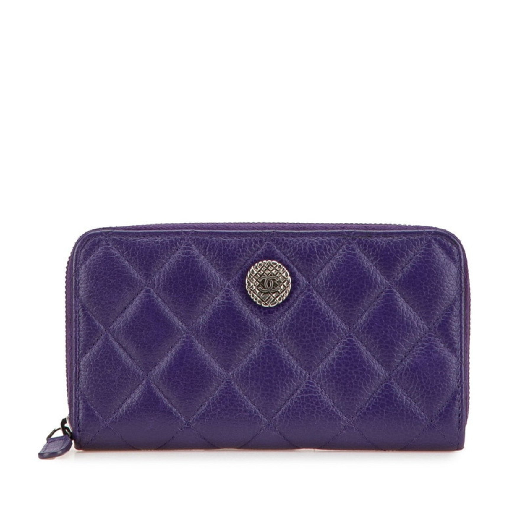 Chanel Matelasse Coco Mark Long Wallet Round Zipper Purple Silver Lambskin