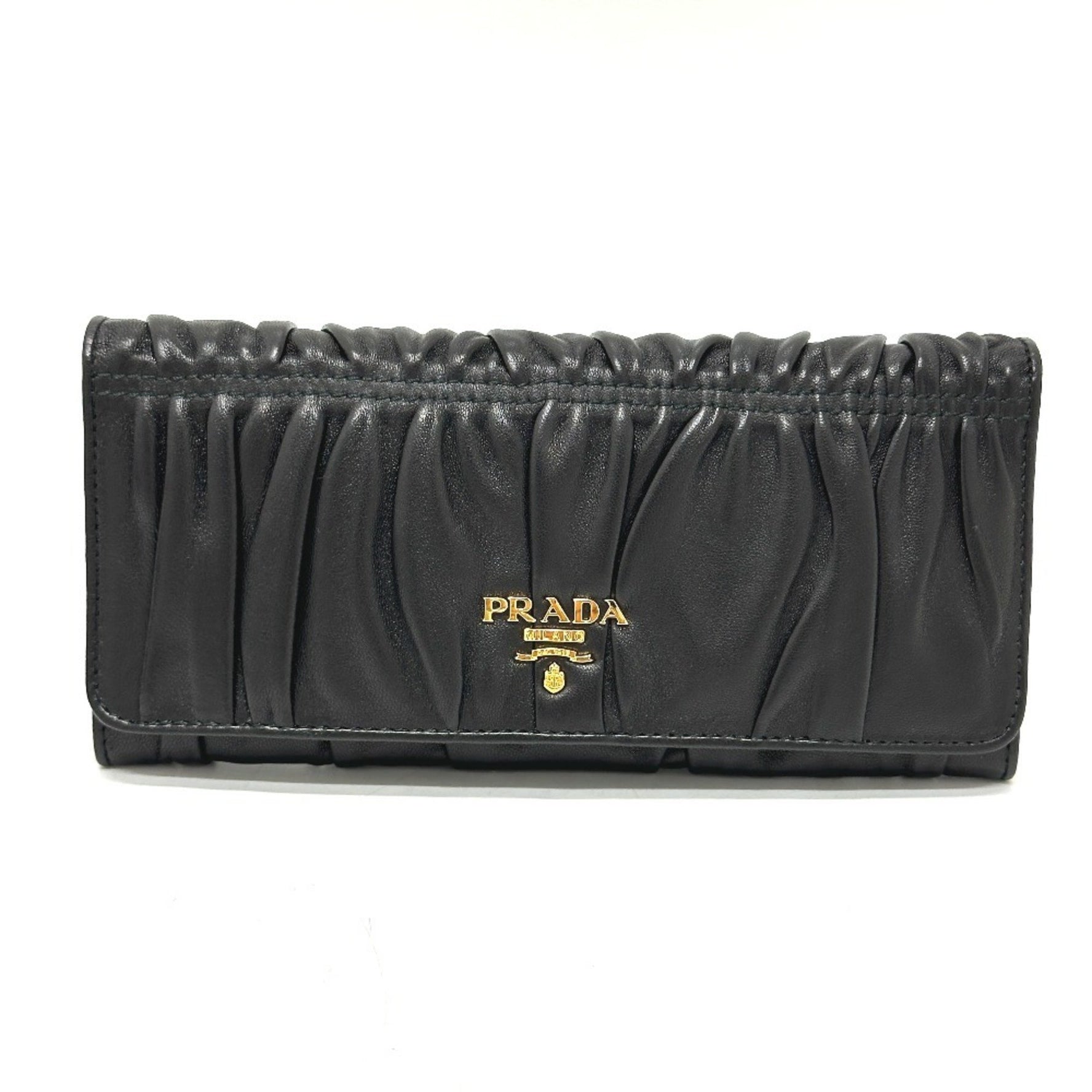 PRADA Logo Gathered Bi-fold Long Wallet Leather