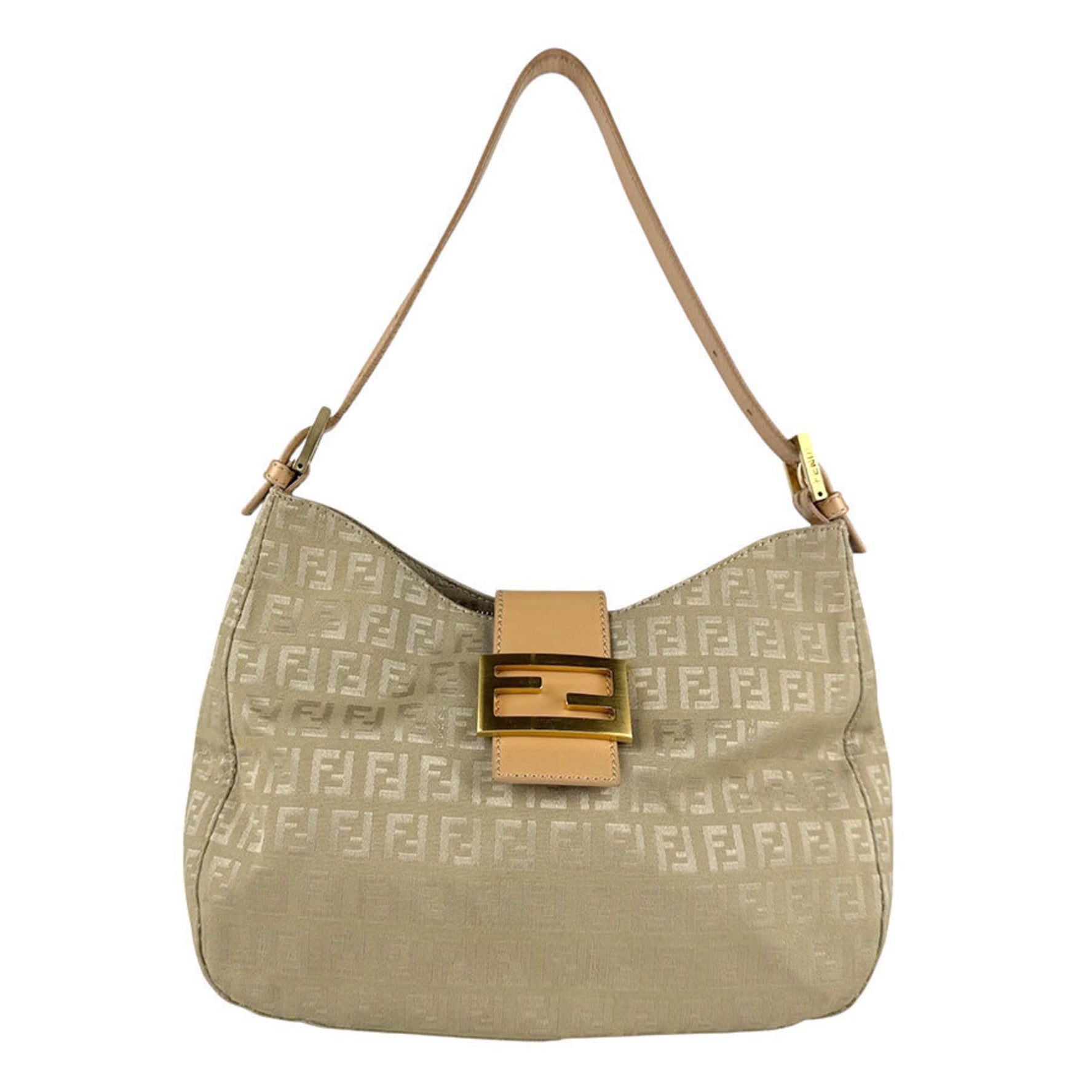 Fendi Zucchino Shoulder Bag in Canvas and Leather, Khaki, Beige, Gold