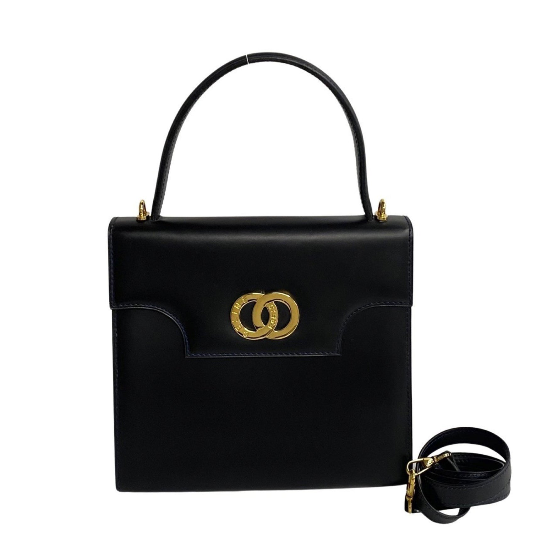 CELINE Circle Metal Fittings Calf Leather Handbag Tote Bag Shoulder Navy