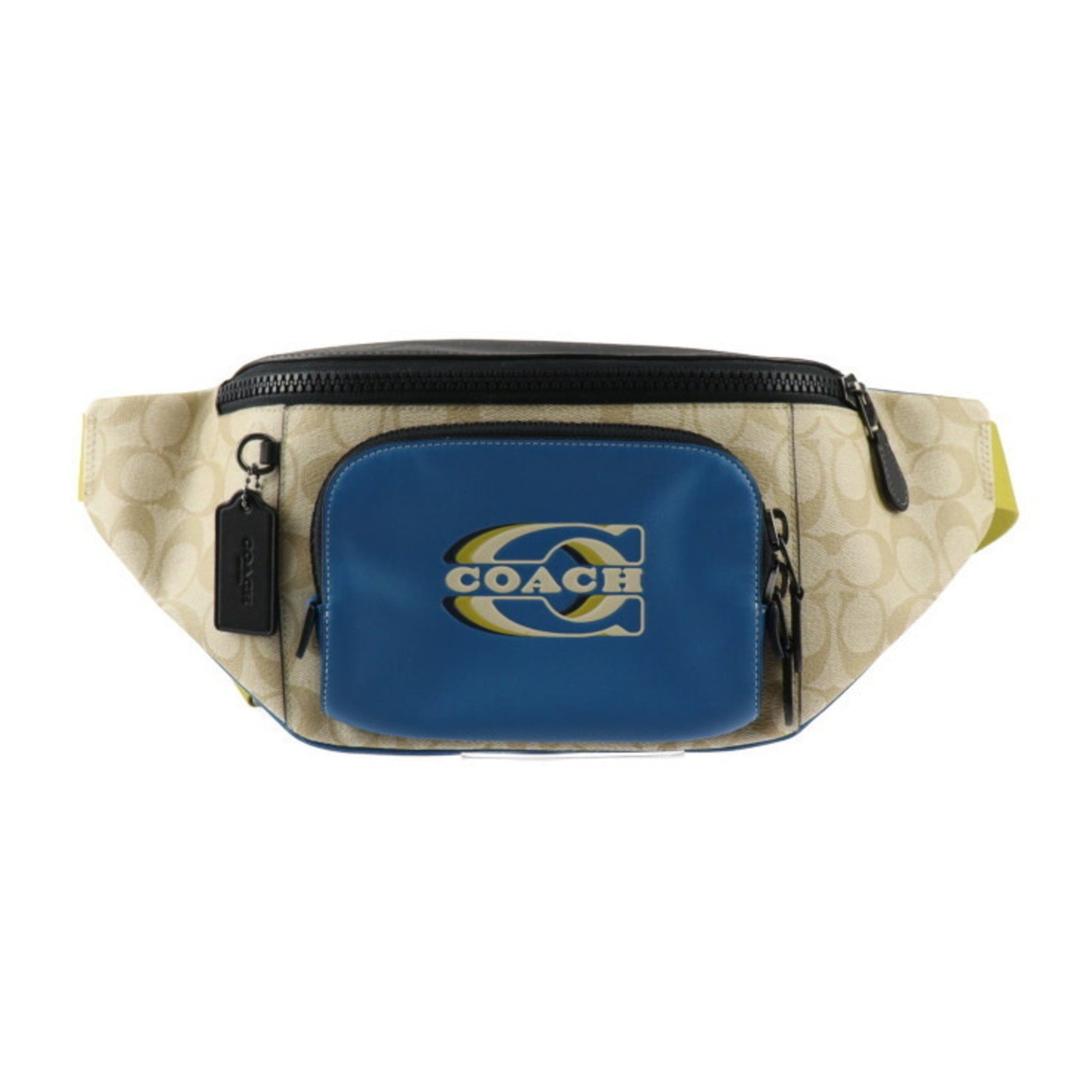 COACH Signature Waist Bag PVC Leather Blue Beige Black Belt Color Block