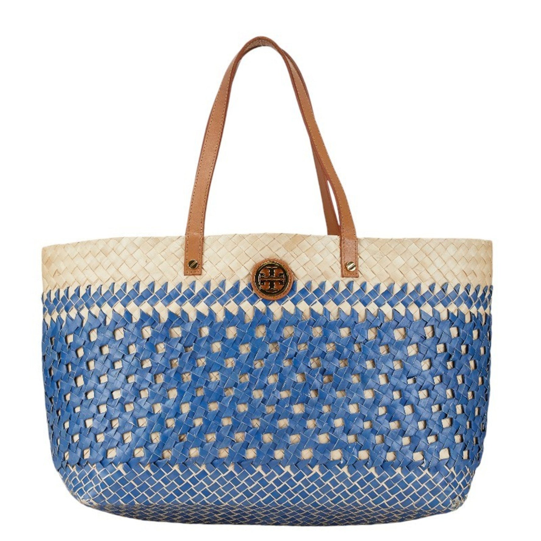Tory Burch Tote Bag Basket Blue Beige Raffia Leather