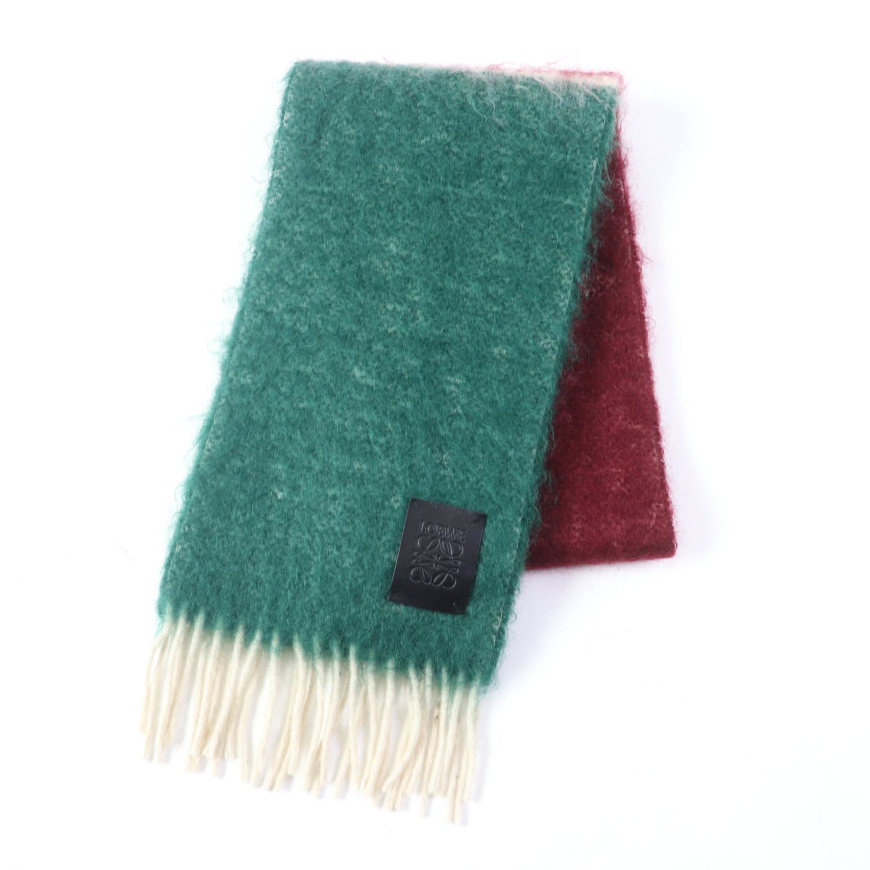 LOEWE Mohair and Wool Blend Scarf with Anagram Logo Patch Fringe, Multicolor, Made in Spain