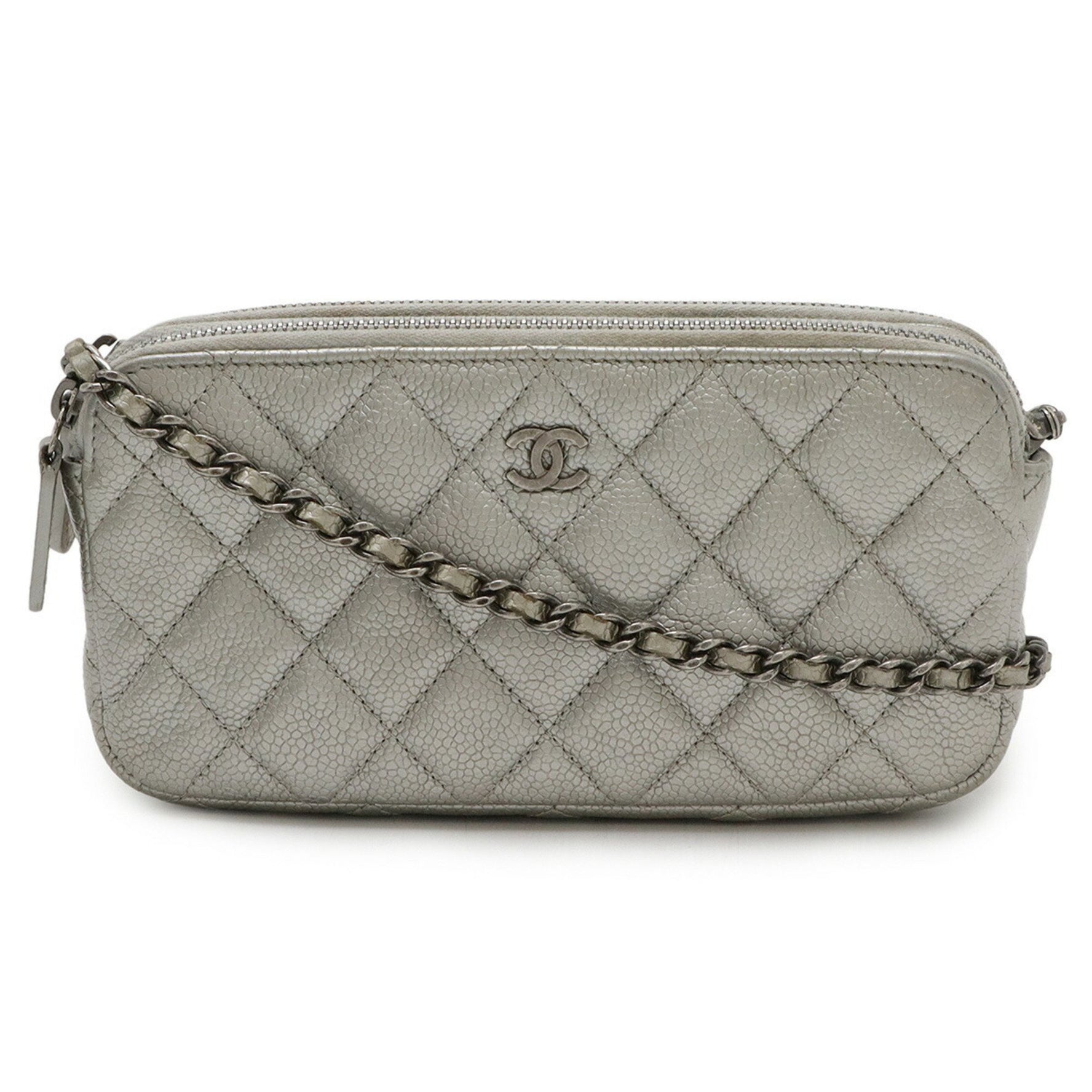 CHANEL Matelasse W Zip Chain Wallet Shoulder Clutch Bag Caviar Skin