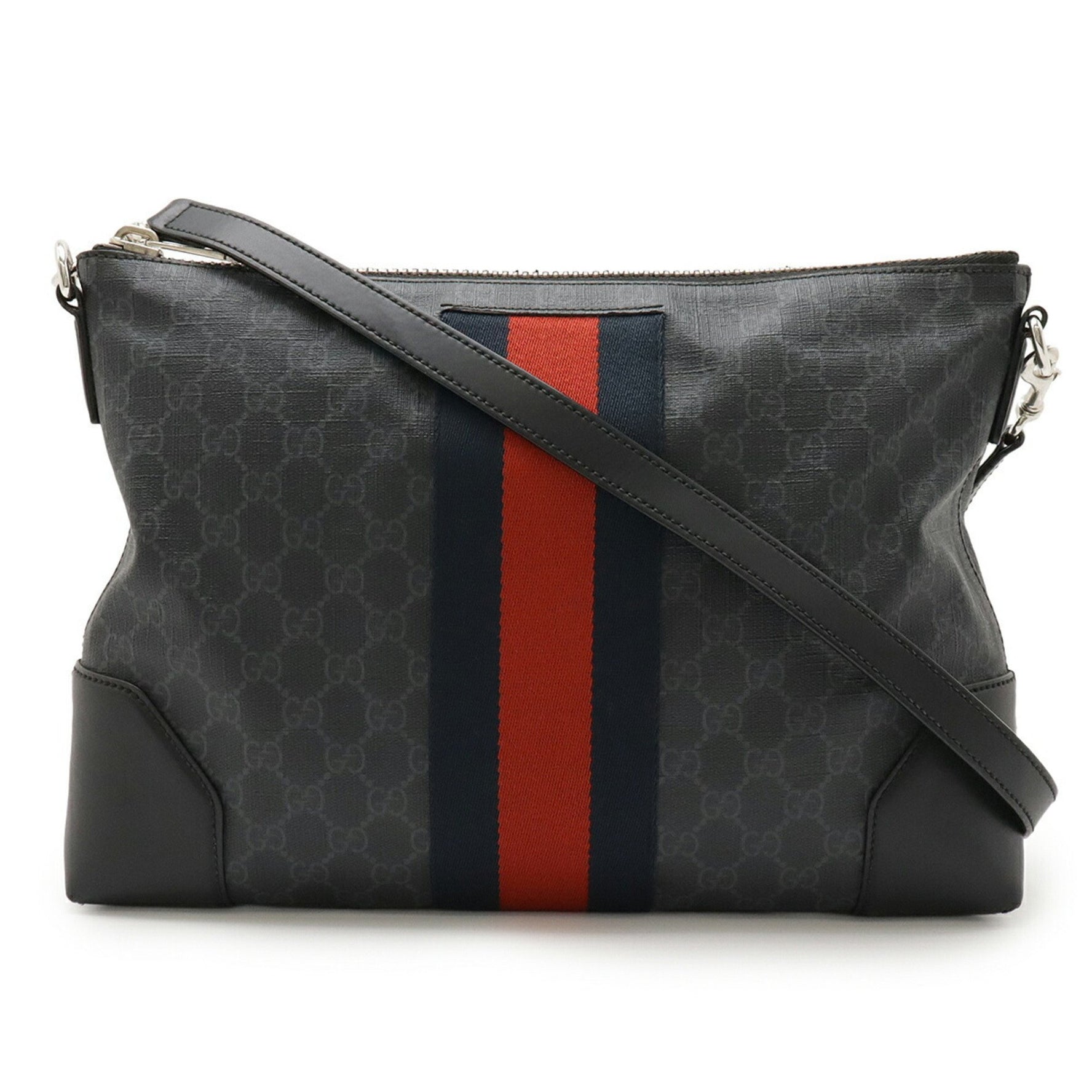GUCCI GG Supreme Web Line Shoulder Bag/Clutch Bag in PVC and Leather, Black Gray