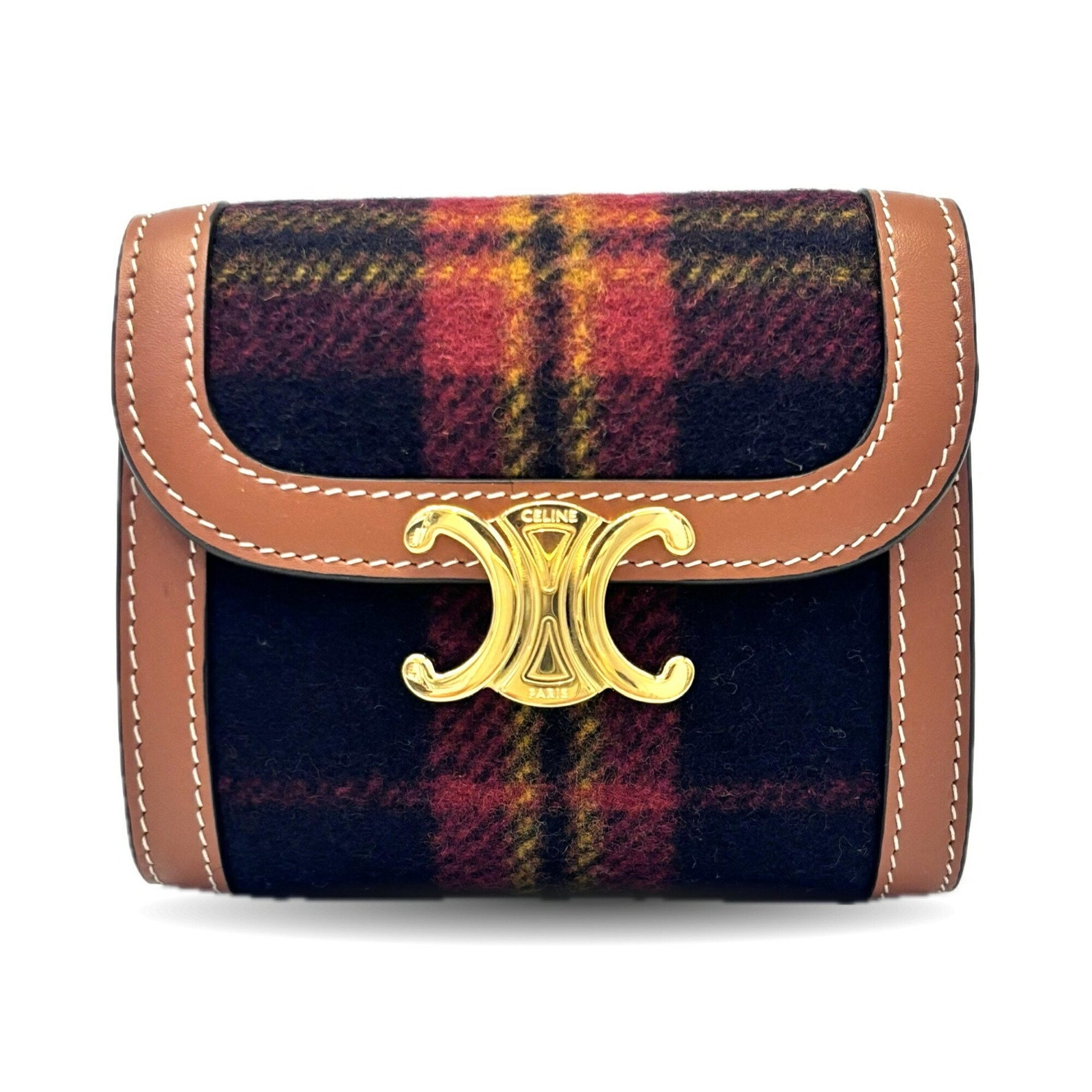 Celine Small Flap Wallet Triomphe Tartan Check Ladies Bi-fold Red