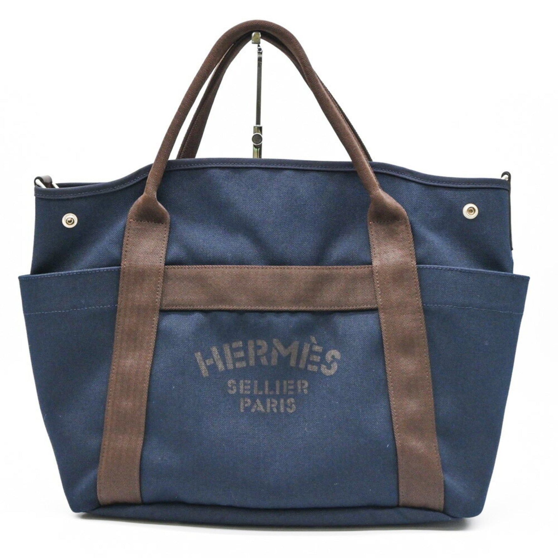 HERMES Sac de Pansage Groom Handbag Tote Bag Canvas Navy Orange #A