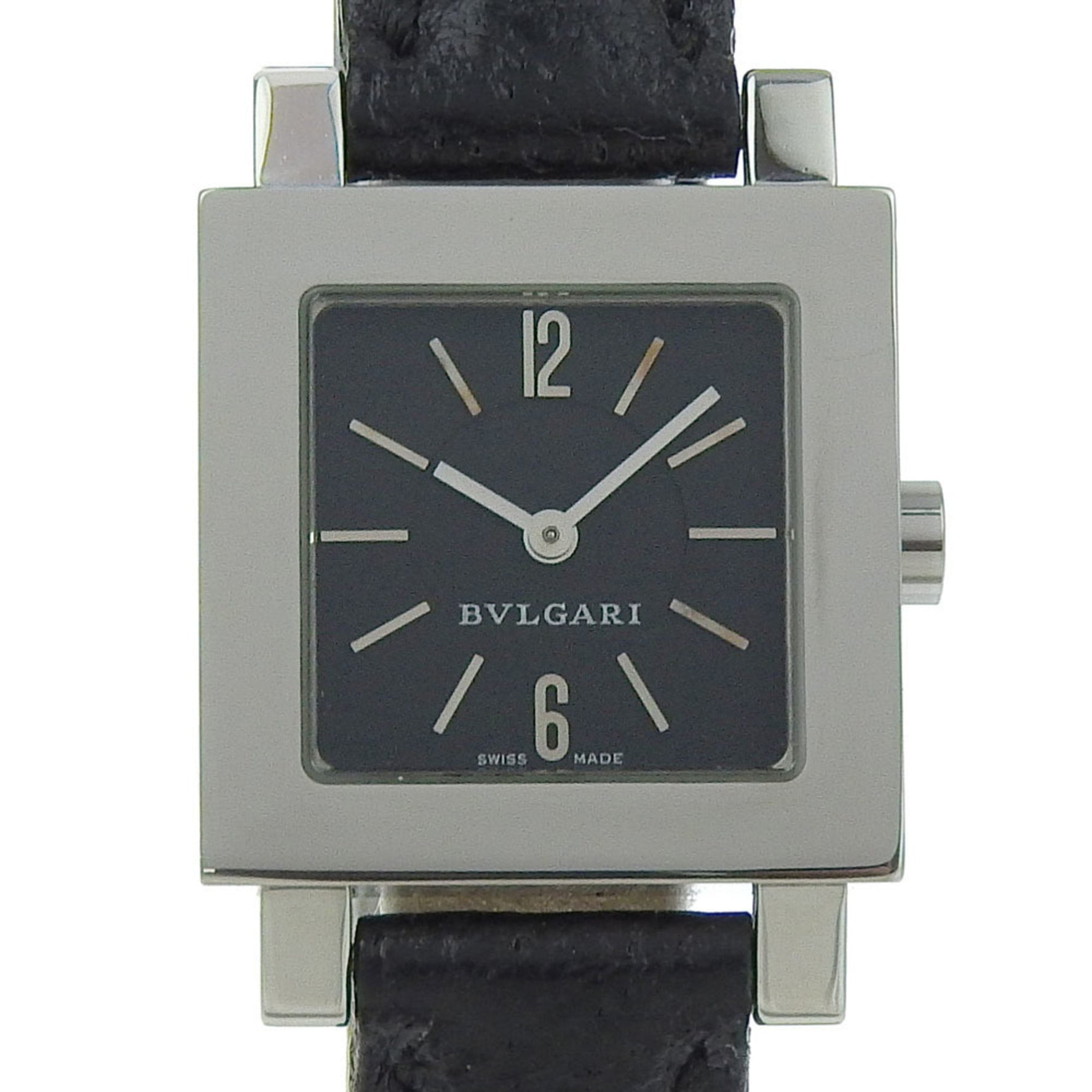 BVLGARI Quadrado Watch, Stainless Steel and Leather, Quartz Movement, Analog Display, Black Dial