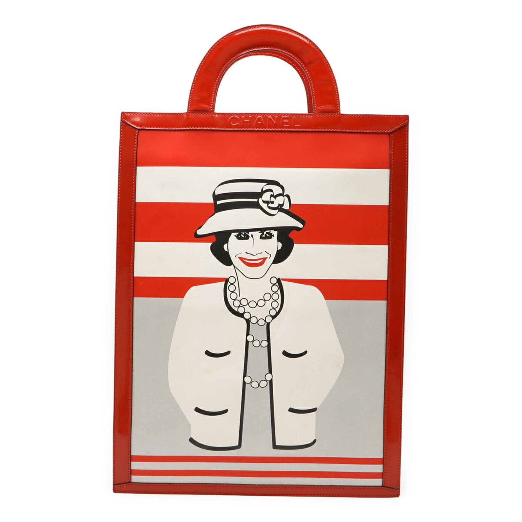 CHANEL Coco Mademoiselle Tote Bag Handbag Patent Leather Red Silver White