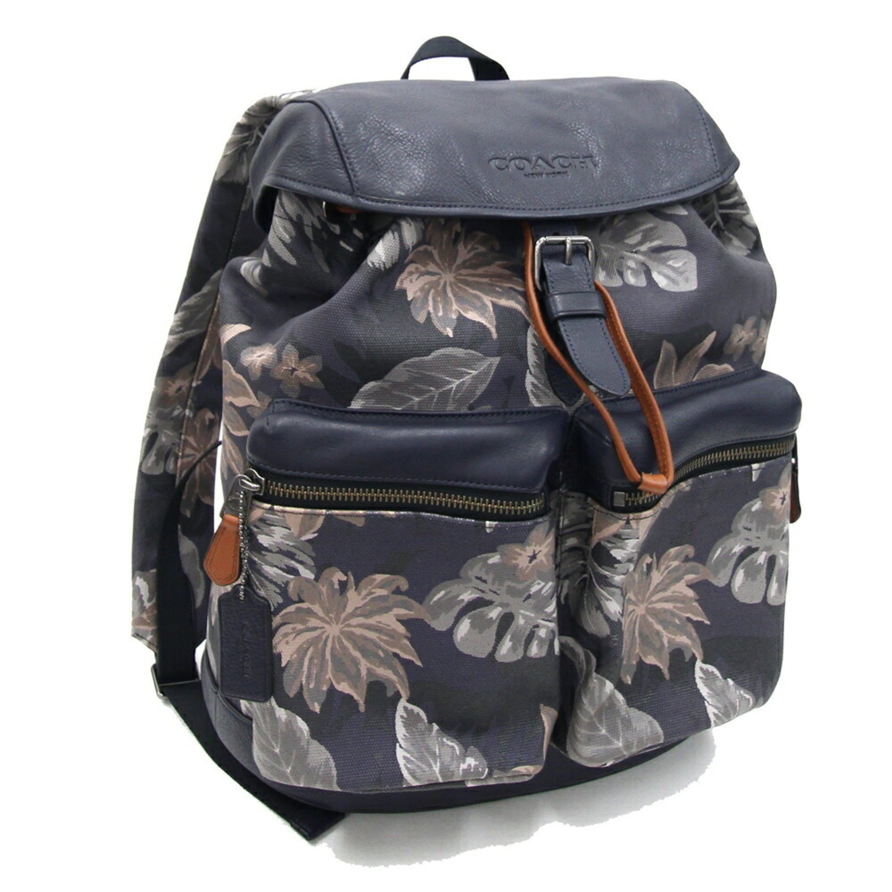 Coach Backpack Mercer Hawaiian Palm Grayish Purple Coated Canvas Leather Bag Flower Motif
