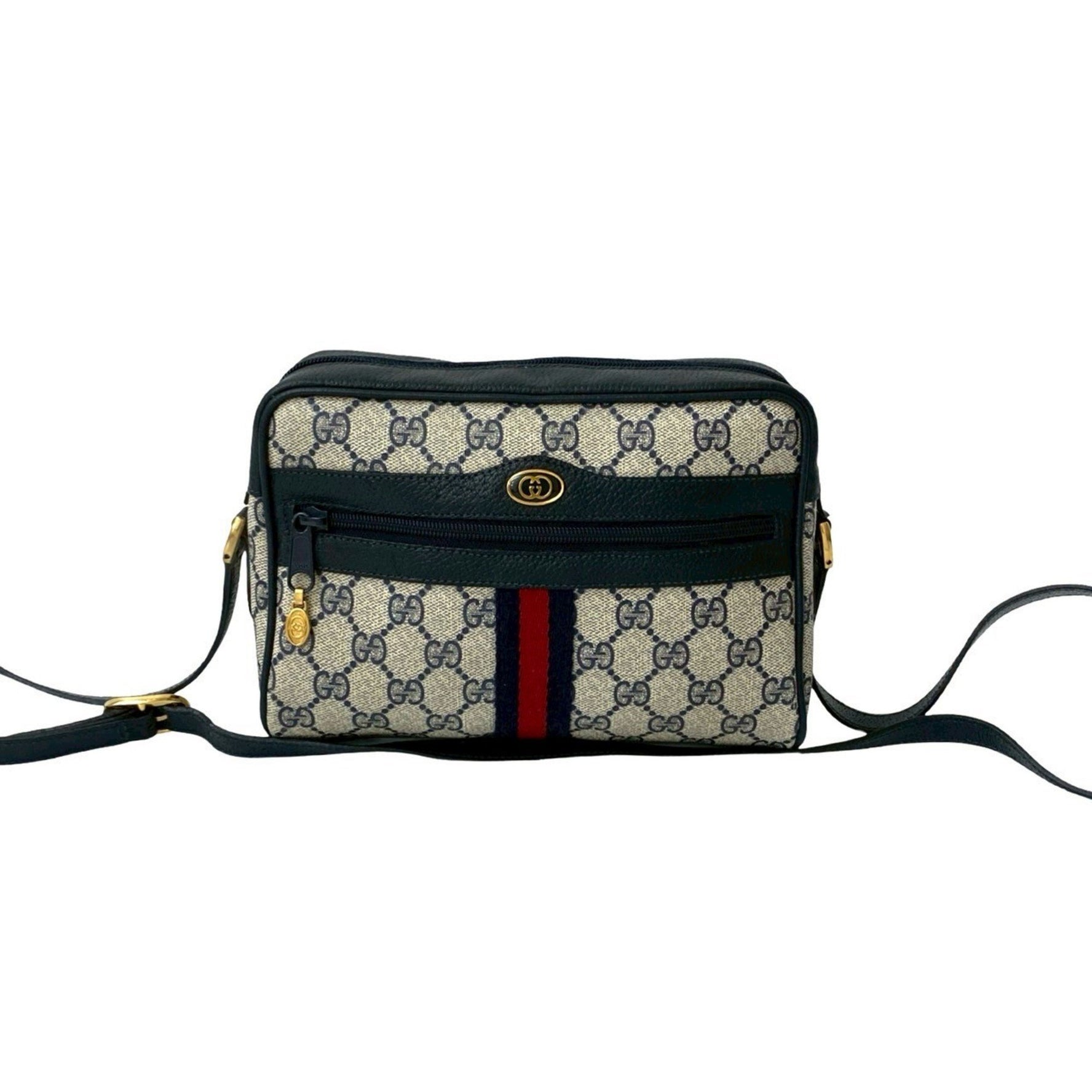 GUCCI Old Sherry Line GG Logo Pattern Leather Mini Shoulder Bag Pochette Navy Red