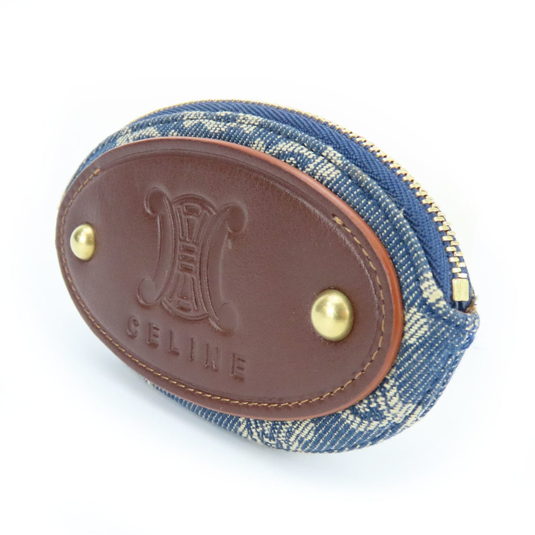 CELINE Wallets & Coin Cases Macadam Denim Leather Blue Brown Key Ring Accessories
