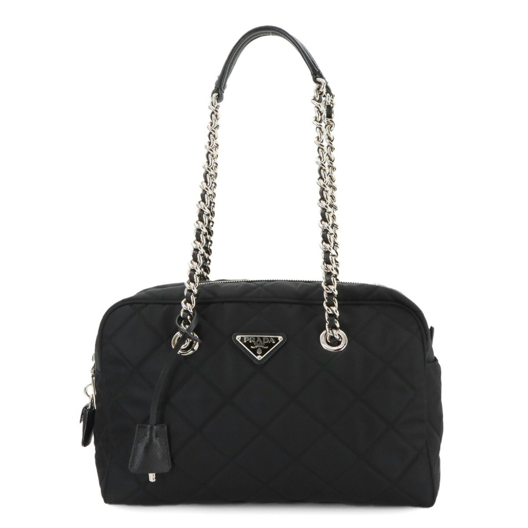 Prada Chain Shoulder Bag, Quilted Nylon, Saffiano Leather, Nero Silver Hardware, 1BB903