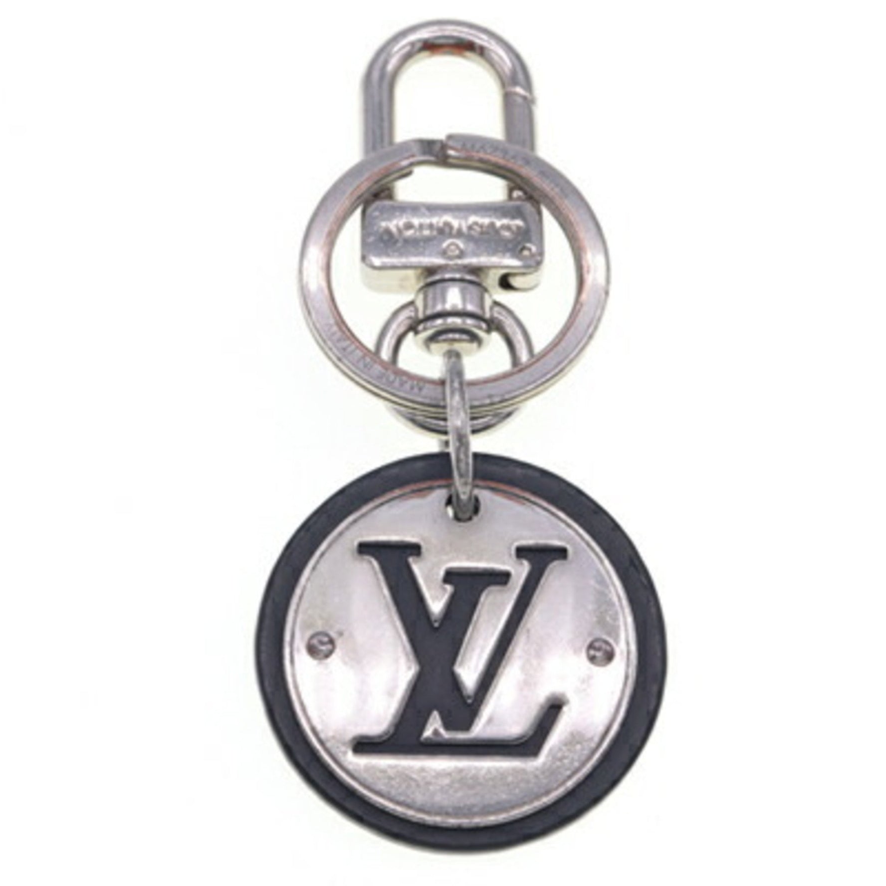 Louis Vuitton Porte-Clés LV Circle Keychain Silver Black Metal Leather Key Ring