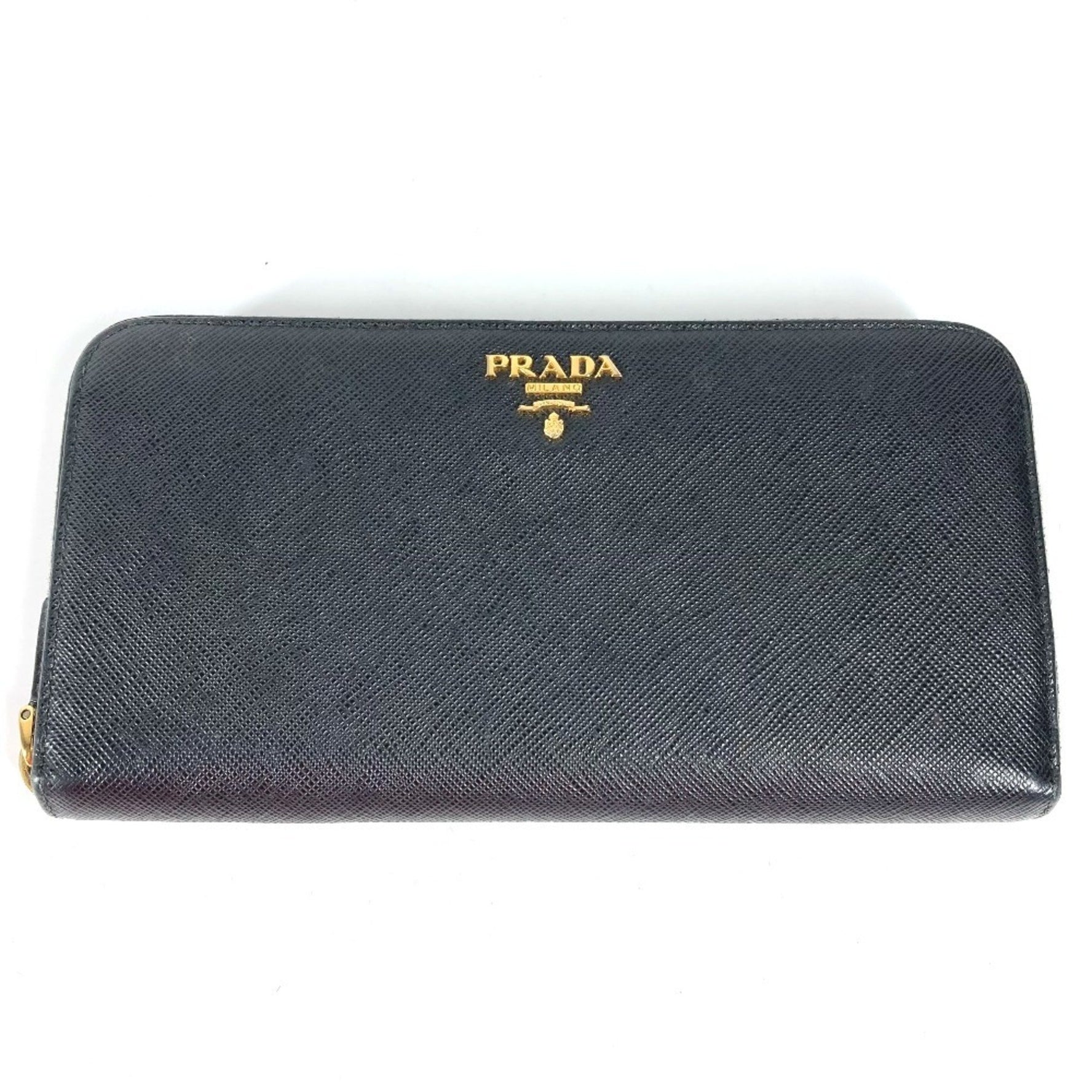 PRADA Logo Round Zipper Long Wallet Saffiano Leather Black