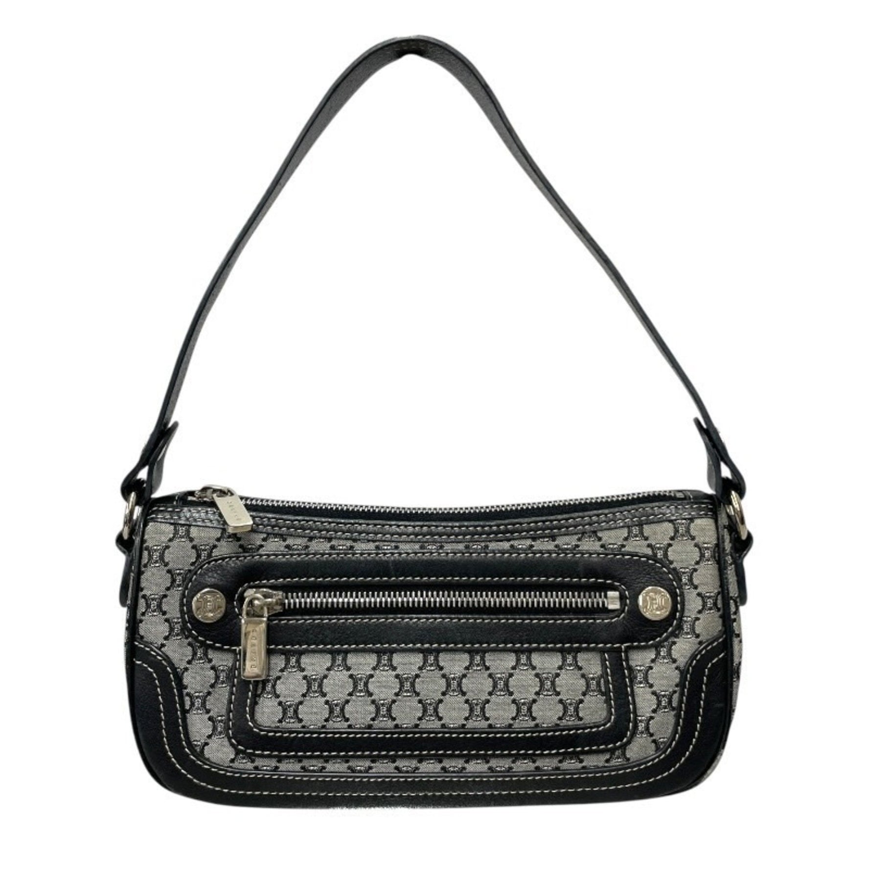 CELINE One-Shoulder Bag, Canvas Shoulder Macadam, Gray, Black Leather, Accessory Pouch, Handbag