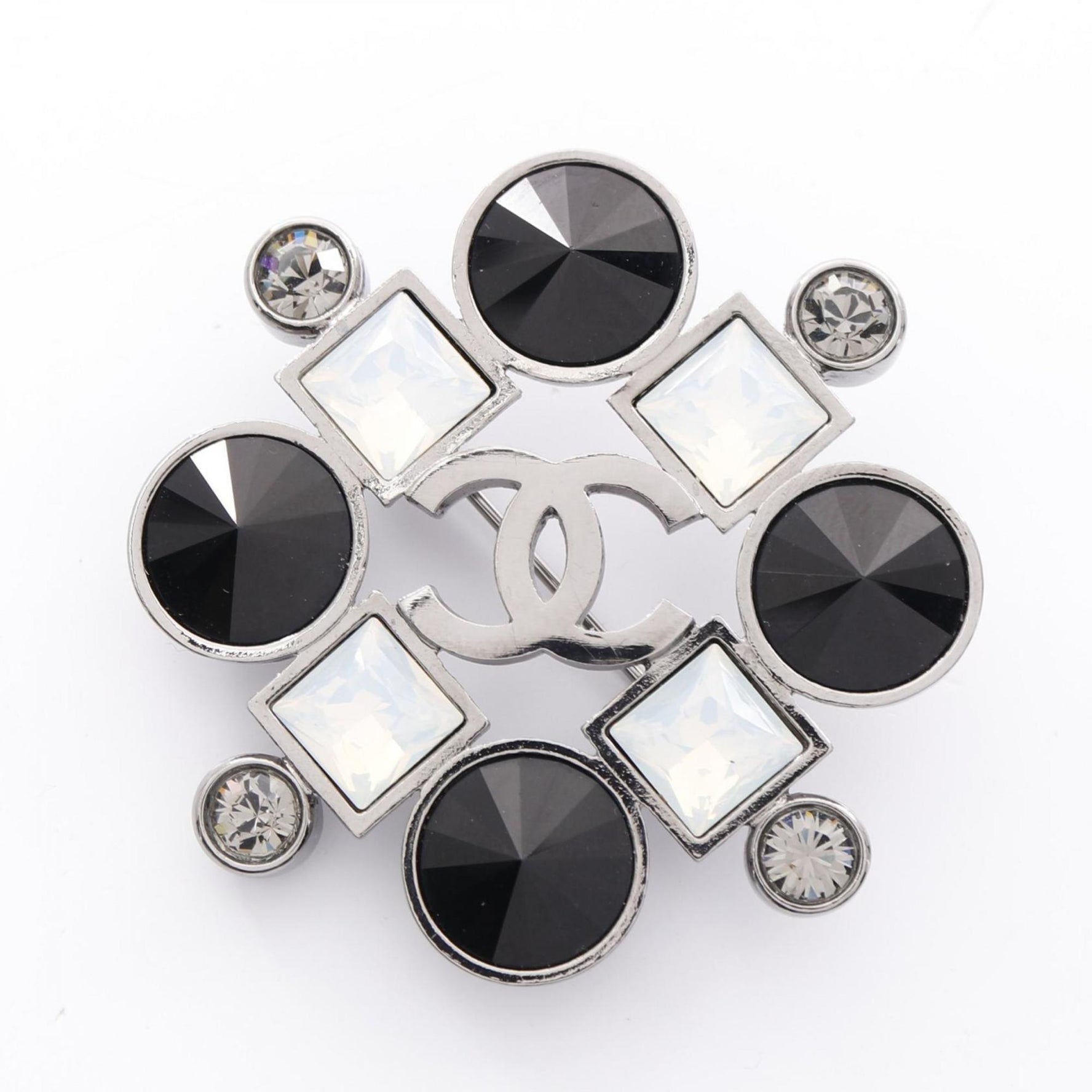 CHANEL Coco Mark Brooch Plated Rhinestones Silver Black White