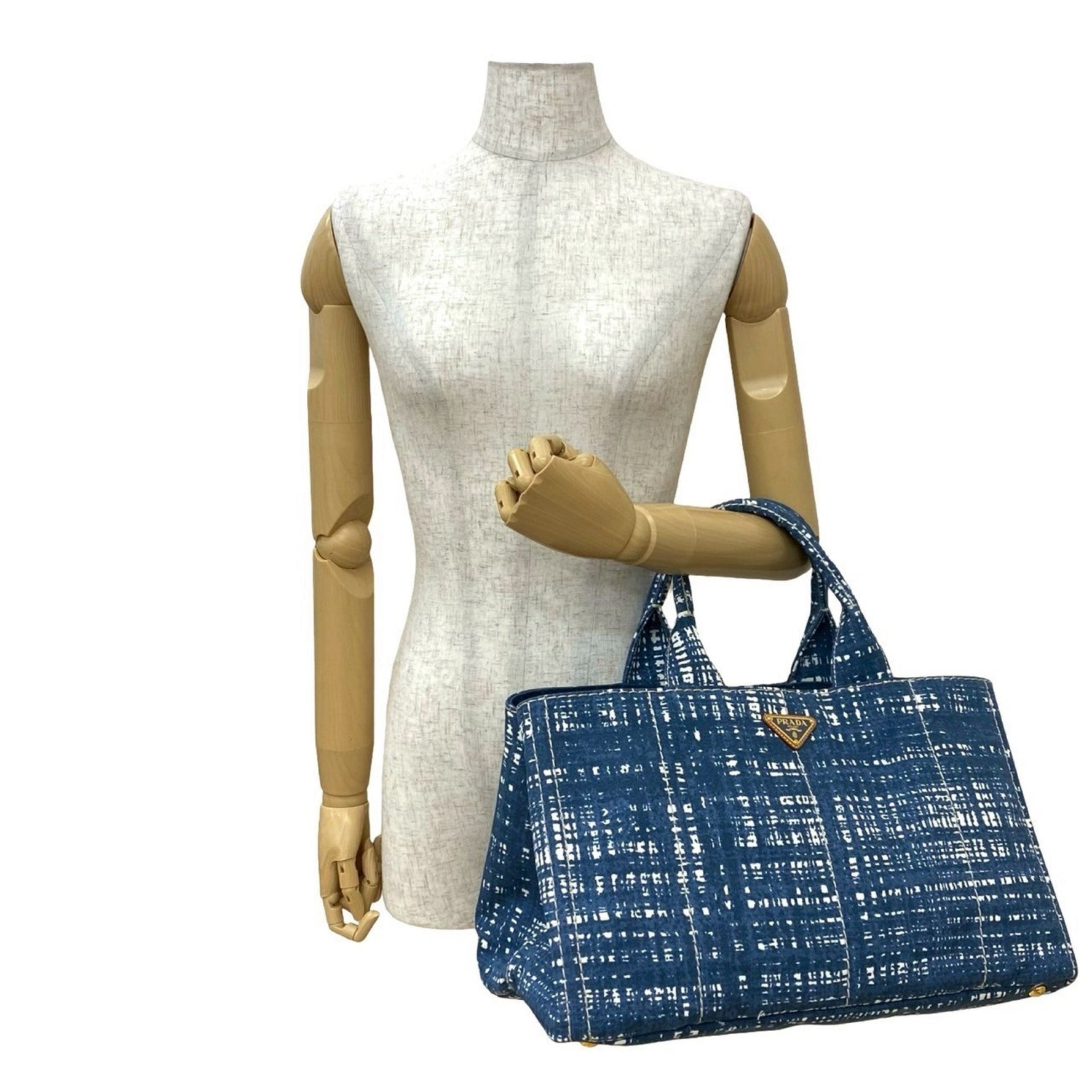 PRADA Canapa Triangle Logo Plate with Metal Hardware, Denim Pattern Canvas Handbag/Tote Bag
