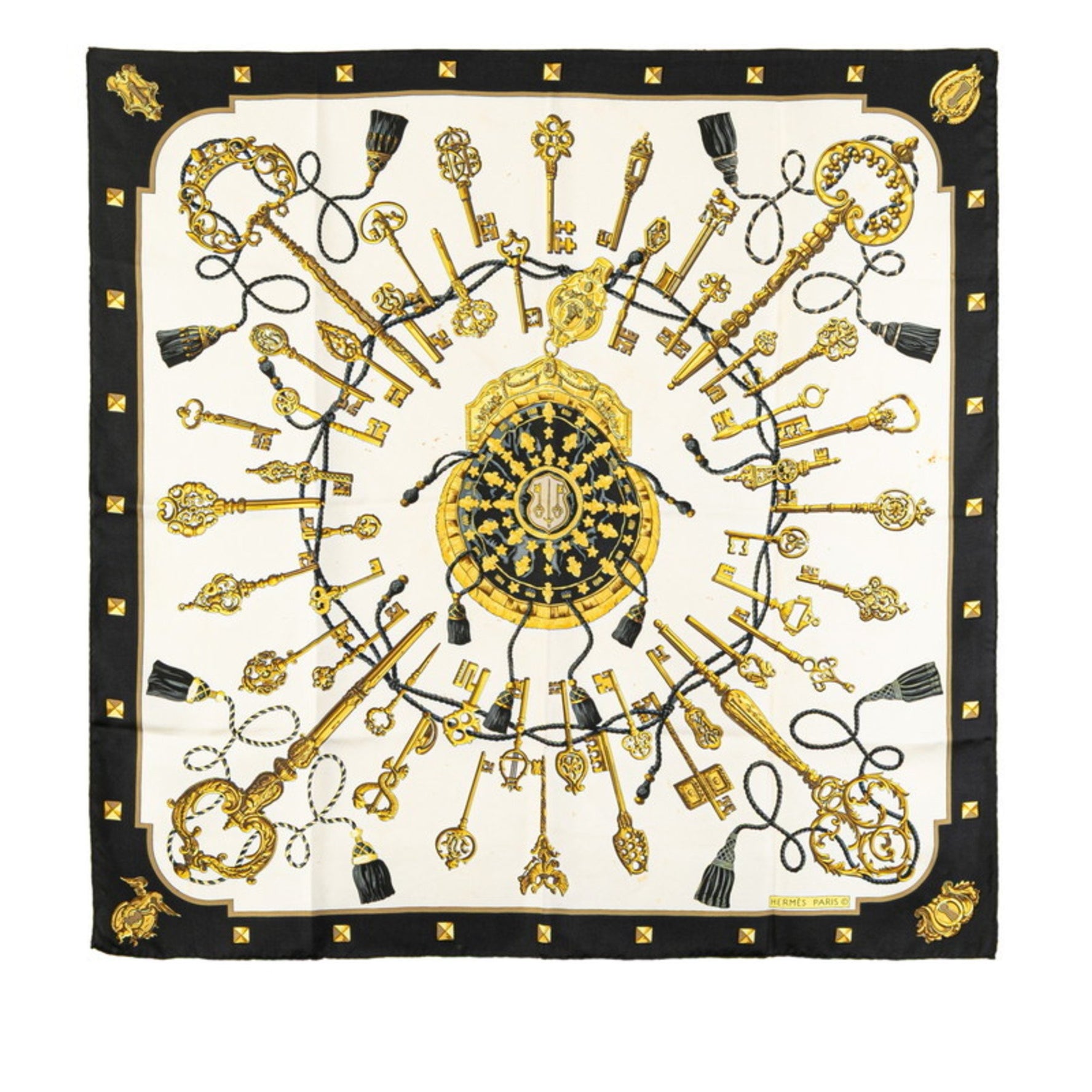 Hermès Carré 90 LES CLES Key Scarf, White, Black, Multicolor, Silk, HERMES