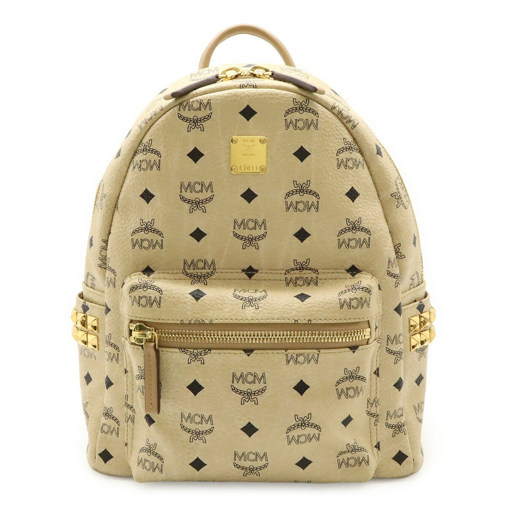 MCM Visetos Glam Backpack in Light Beige with Studded PVC and Leather