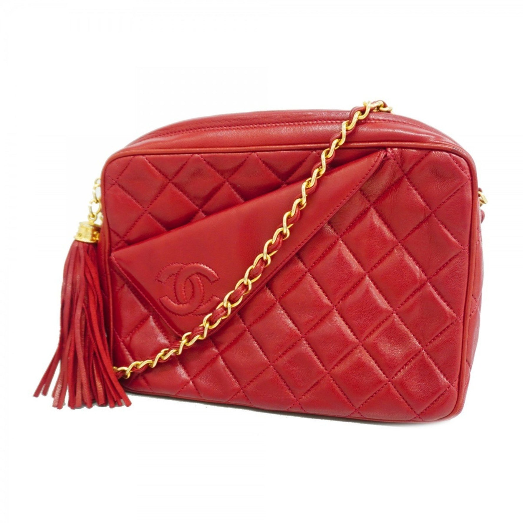 Chanel Shoulder Bag with Matelasse Chain Bag, Lambskin, Red