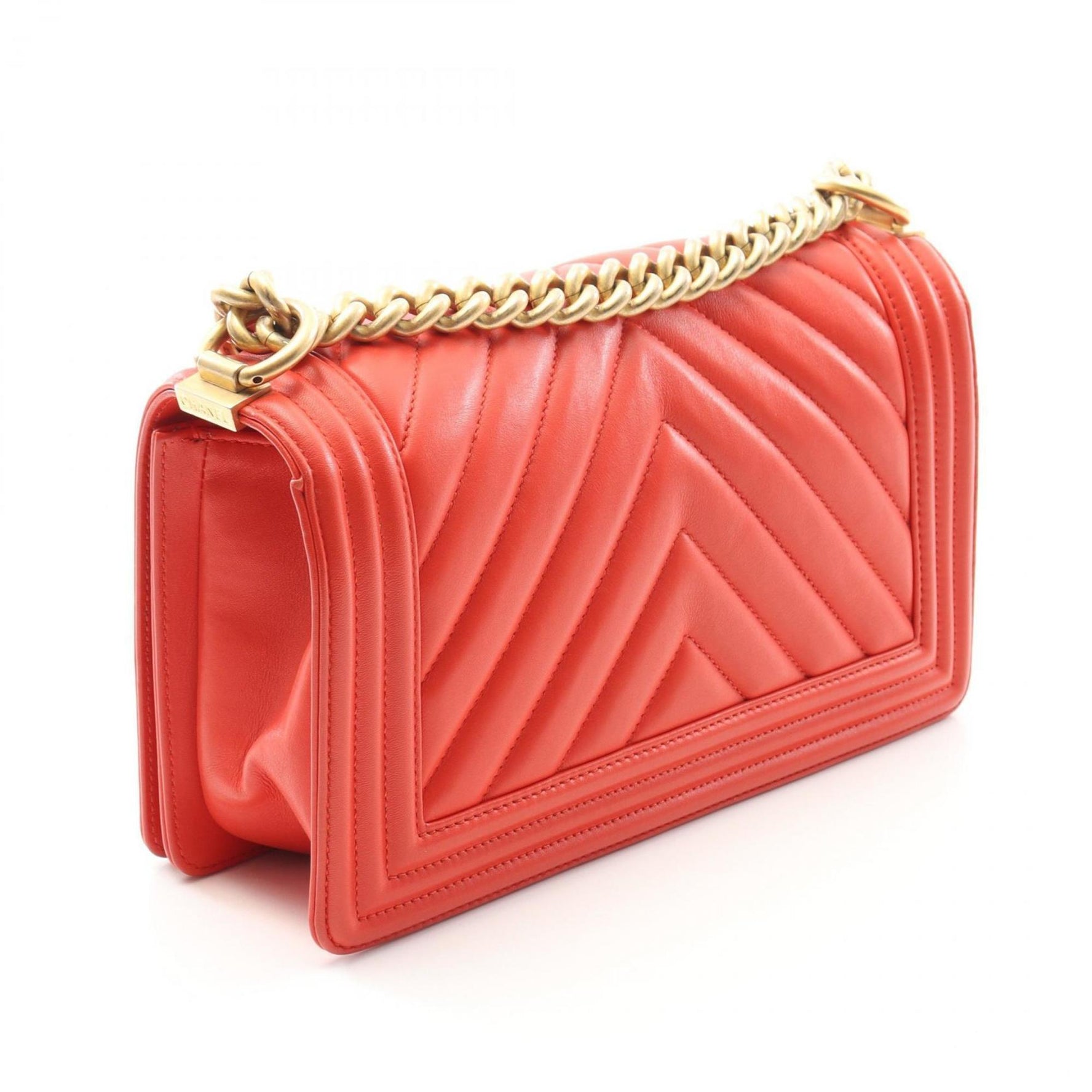 CHANEL Boy Chevron V-Stitch Shoulder Bag in Lambskin Leather, Red
