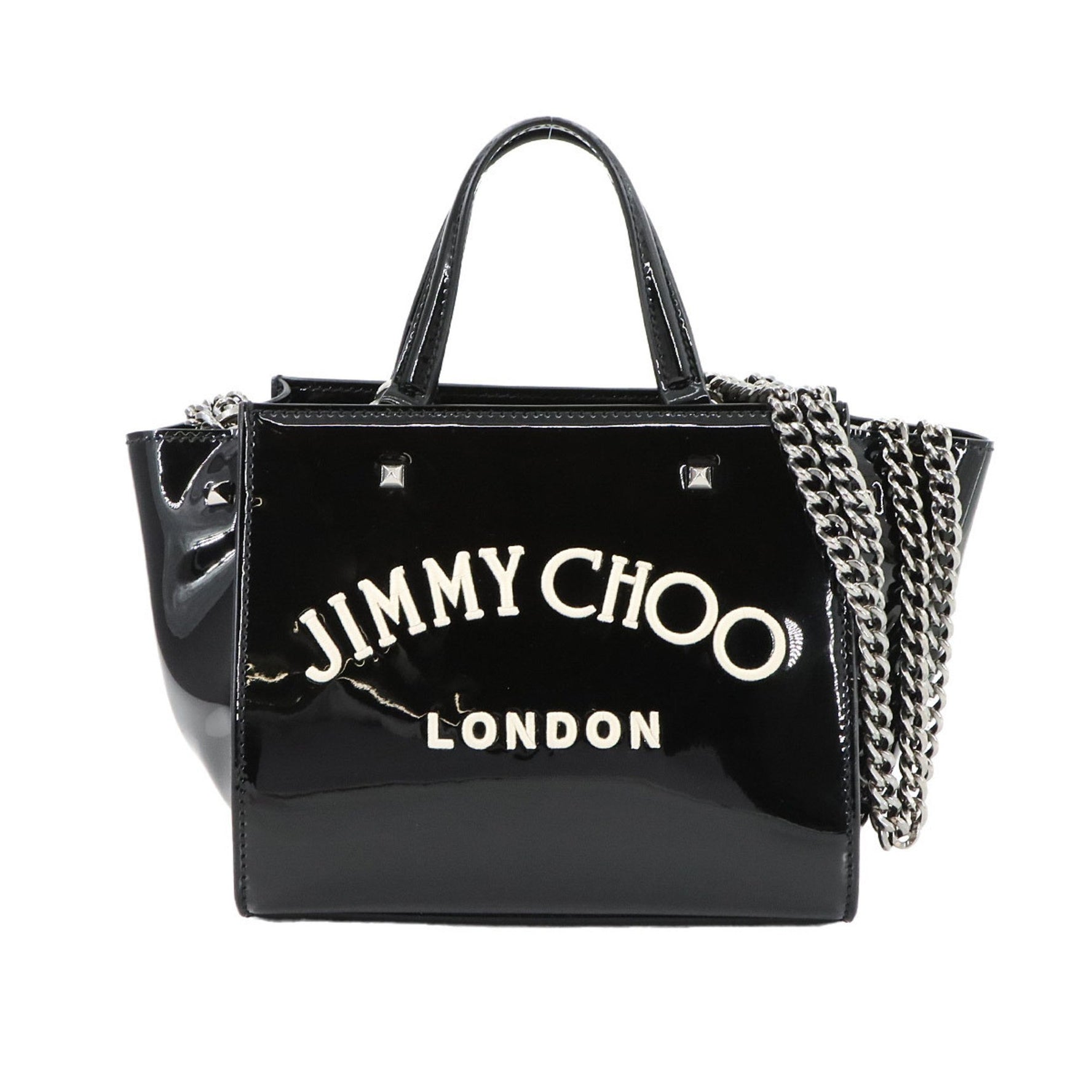 JIMMY CHOO Varenne Small 2-Way Tote Chain Shoulder Bag in Enamel, Black, White, and Silver Hardware