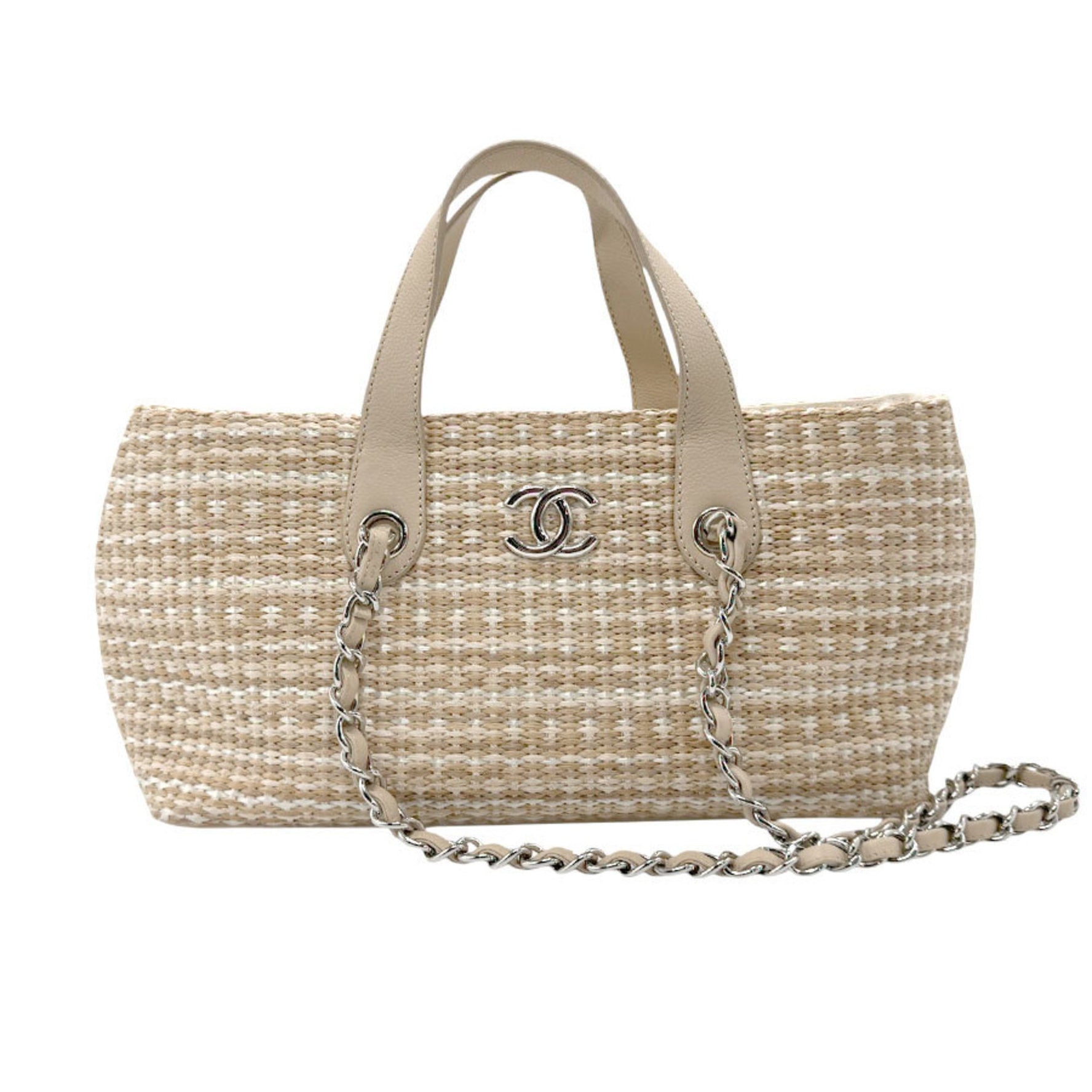 CHANEL handbag shoulder bag raffia leather light beige silver ladies