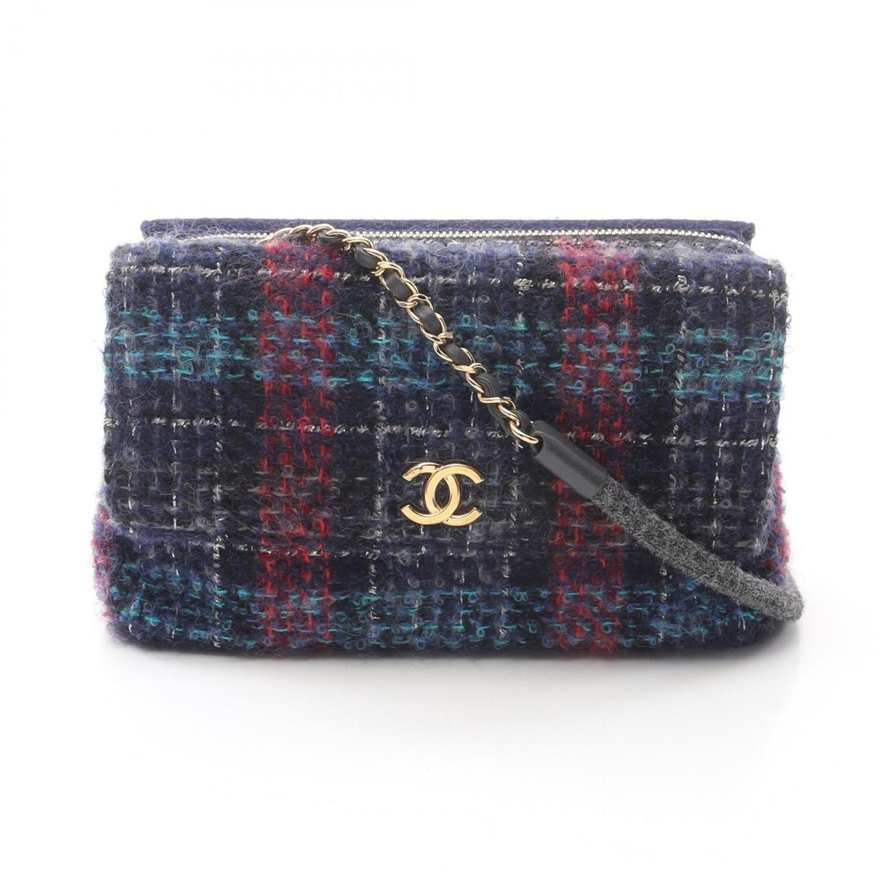 CHANEL W flap tweed shoulder bag leather fabric navy multicolor