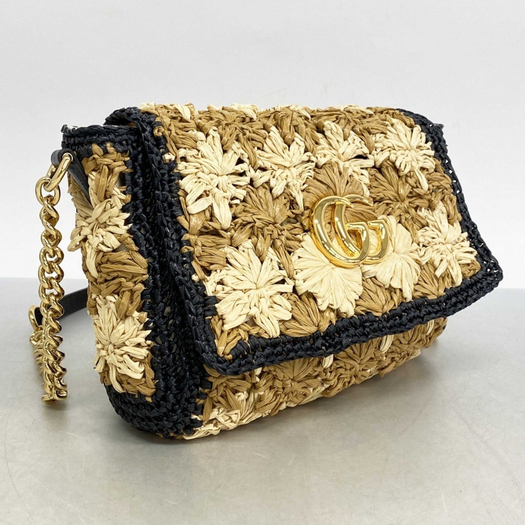 Gucci GG Marmont Shoulder Bag Raffia Black Brown